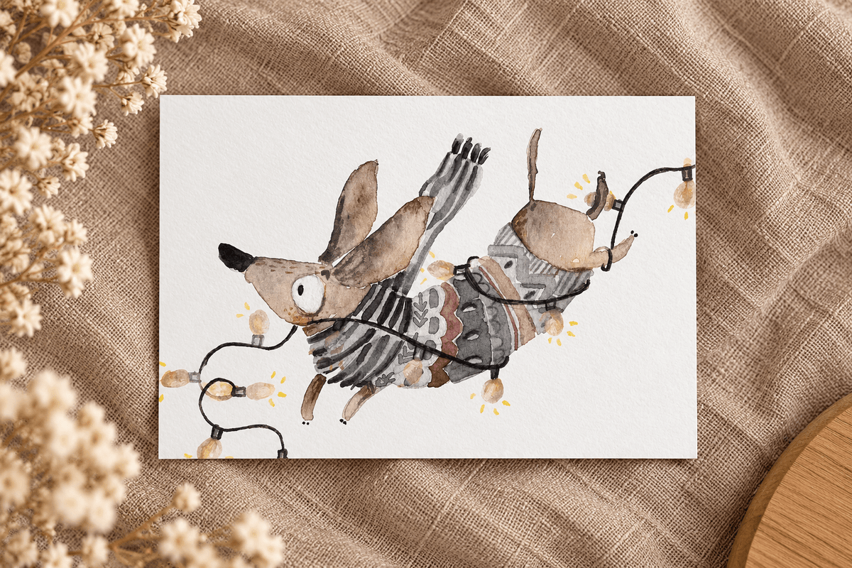 Postkarte - Dackel mit Lichterkette - lyllevenn