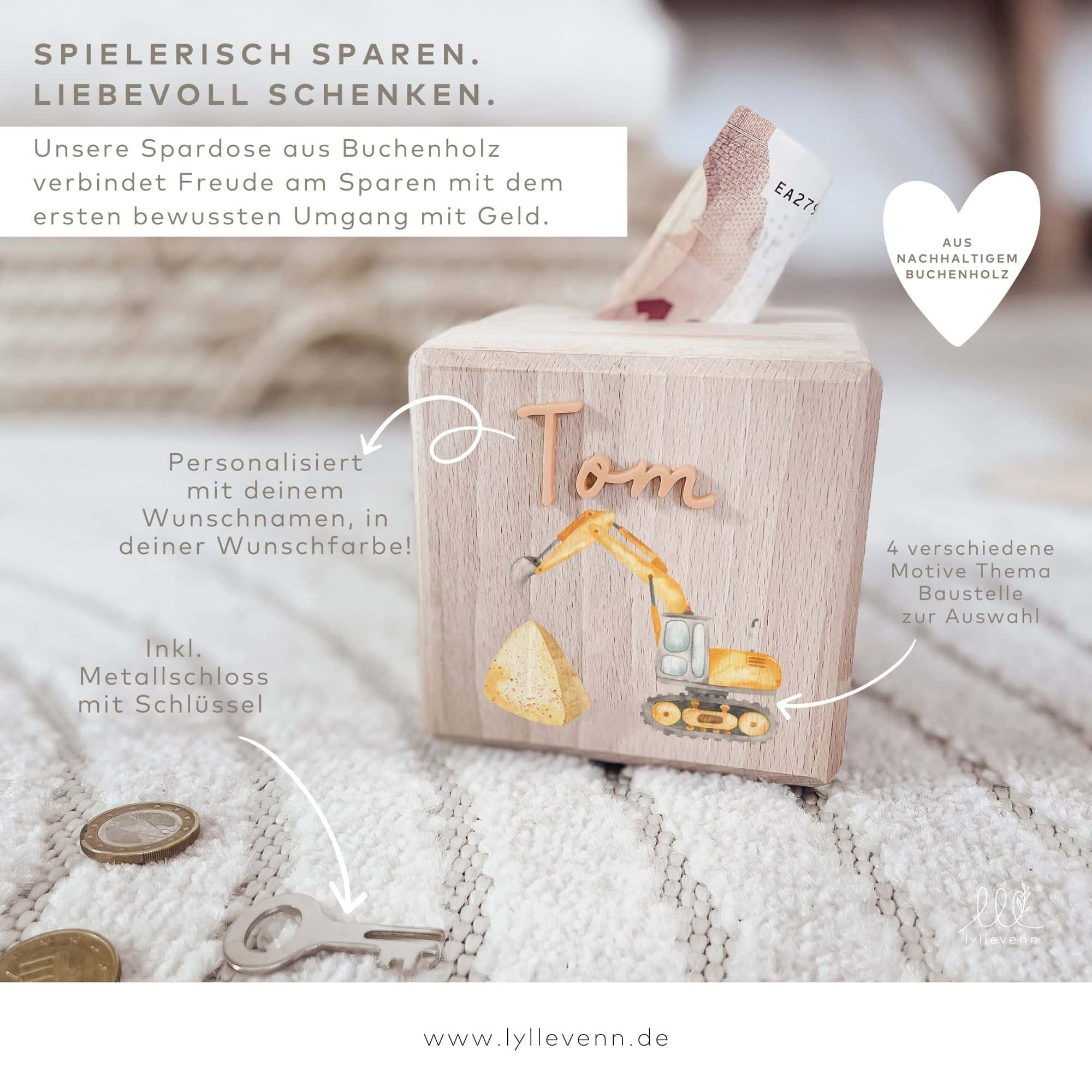 Spardose Holz personalisiert - Baustelle - lyllevenn