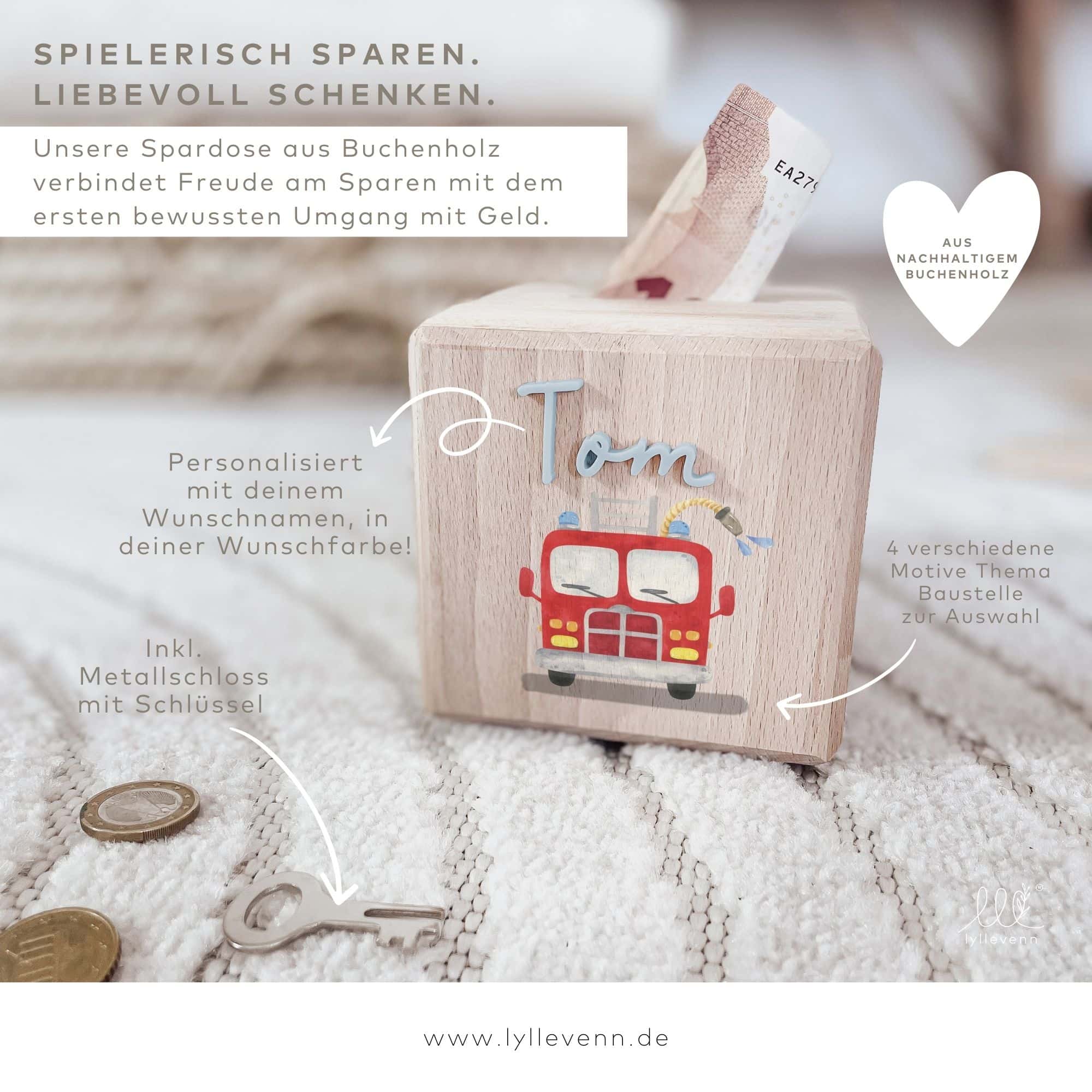 Spardose Holz personalisiert - Feuerwehr - lyllevenn