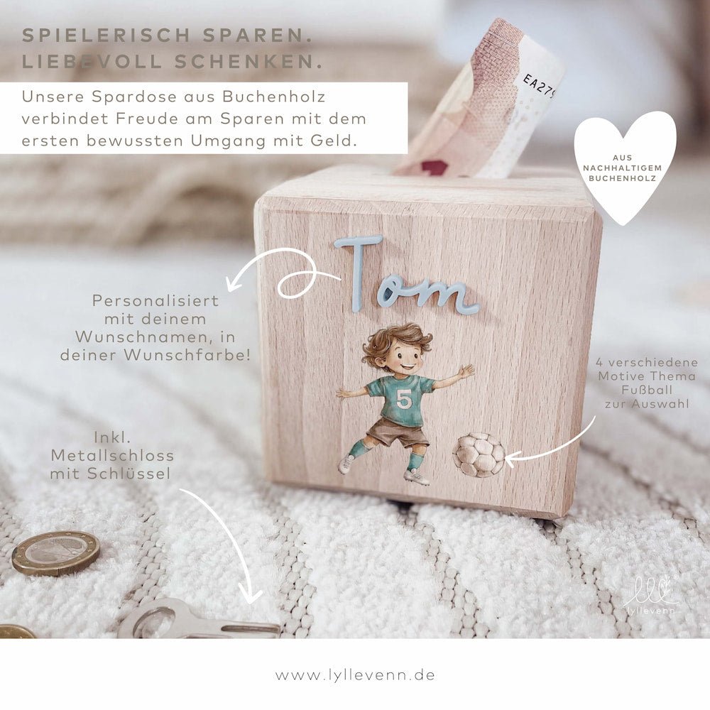 Spardose Holz personalisiert - Fußball - lyllevenn