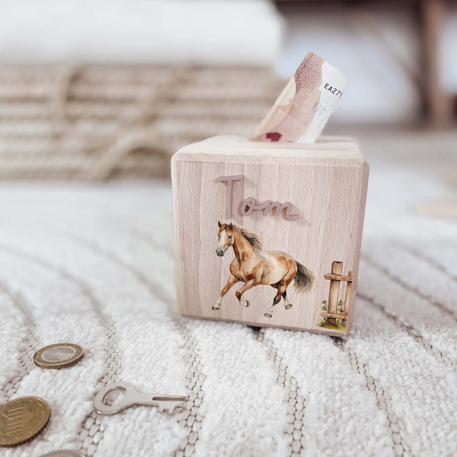 Spardose Holz personalisiert - Pferd - lyllevenn
