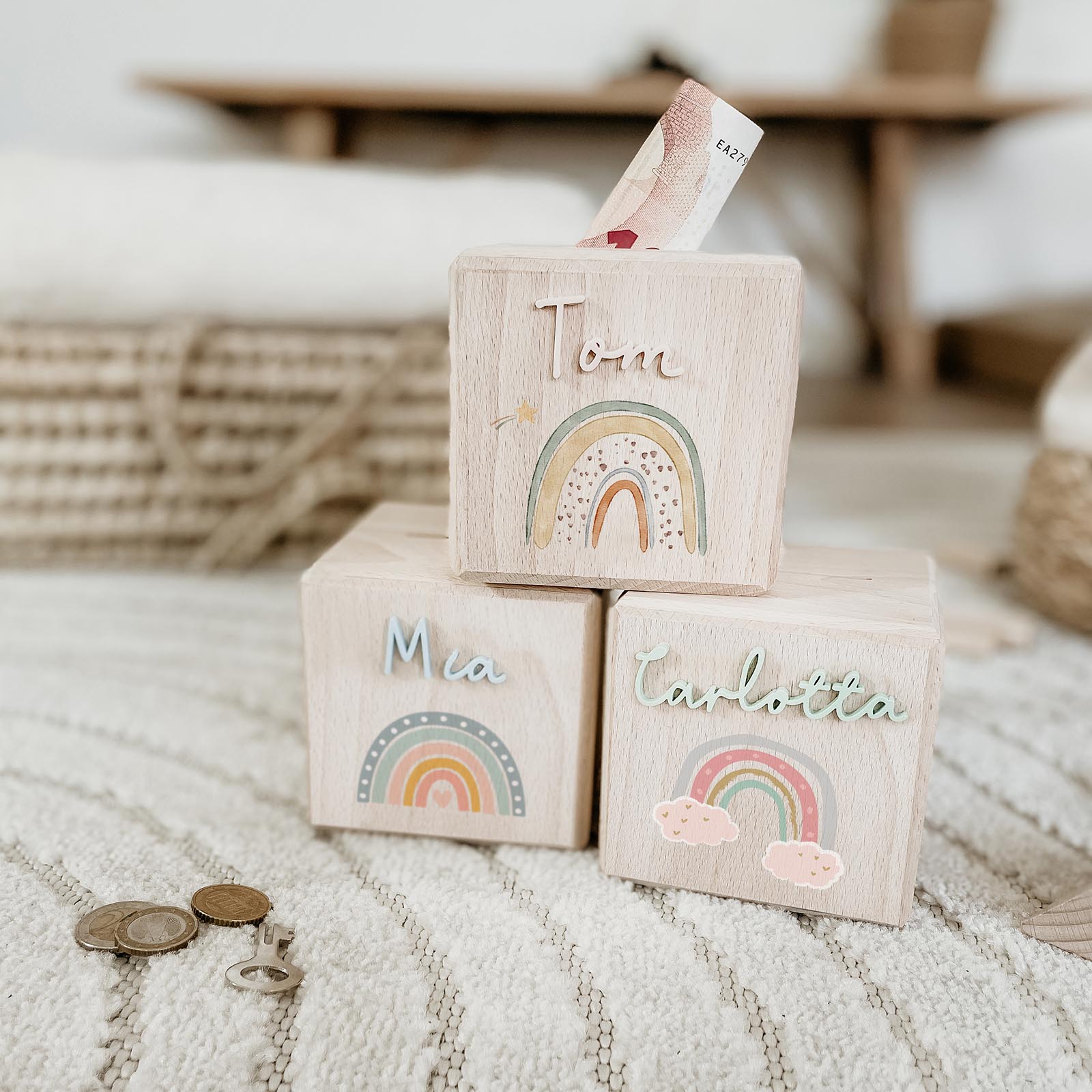 Spardose Holz Personalisiert - Regenbogen - lyllevenn