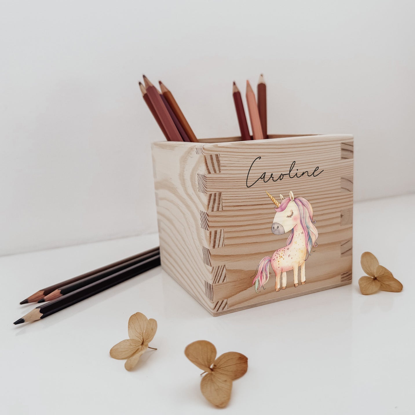 Stiftehalter Holz personalisiert - Bedruckt Einhorn - lyllevenn