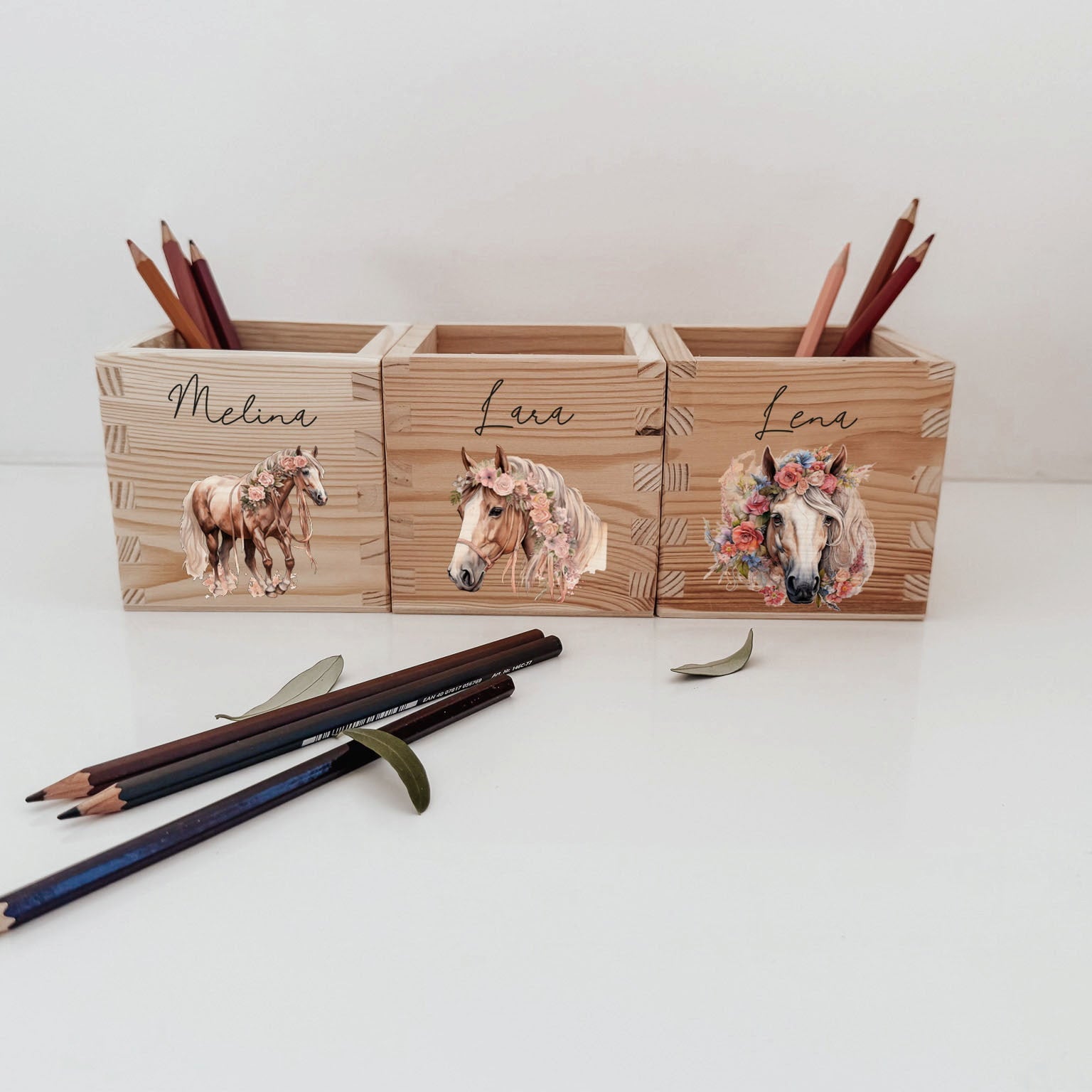 Stiftehalter Holz personalisiert - Bedruckt Pferde - lyllevenn
