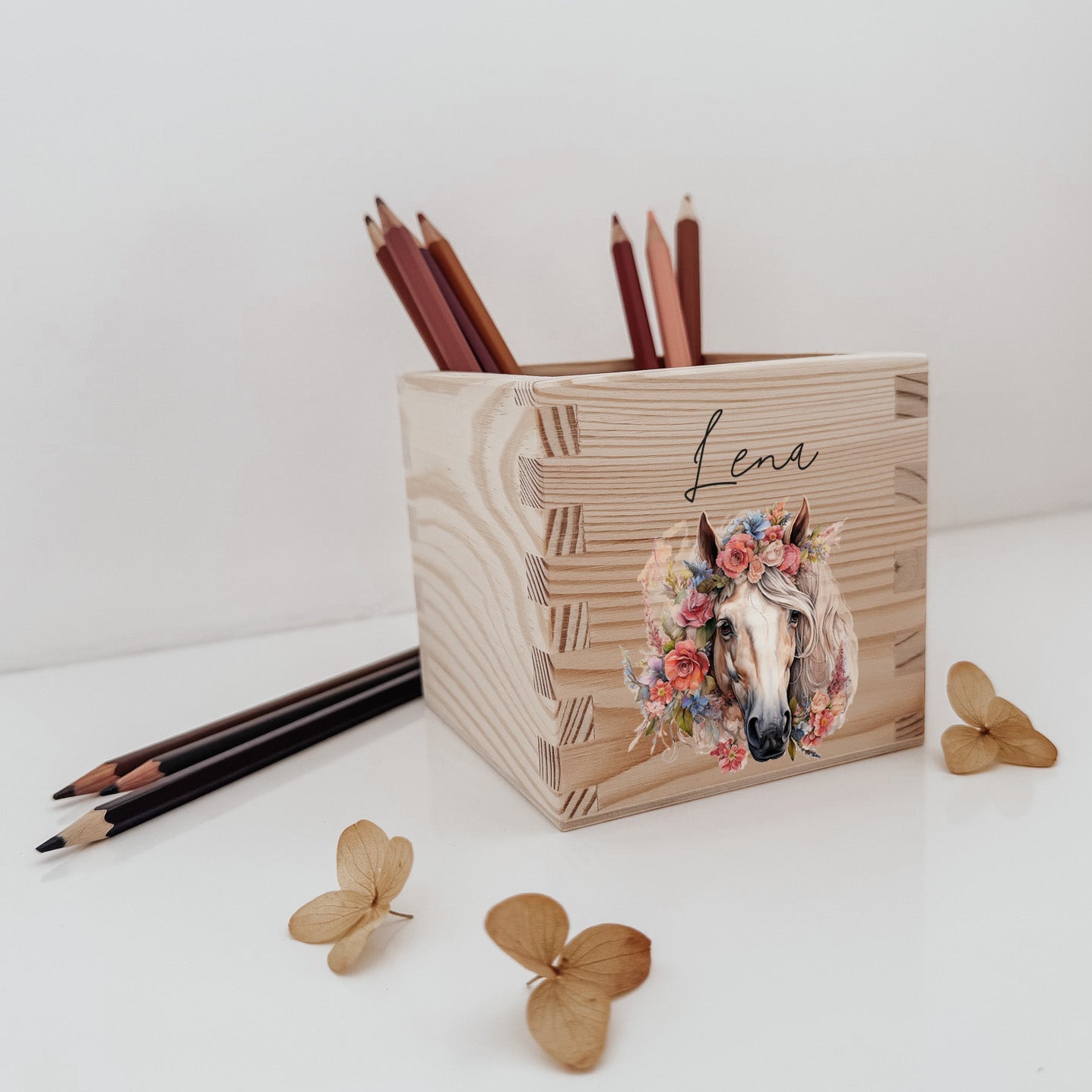 Stiftehalter Holz personalisiert - Bedruckt Pferde - lyllevenn