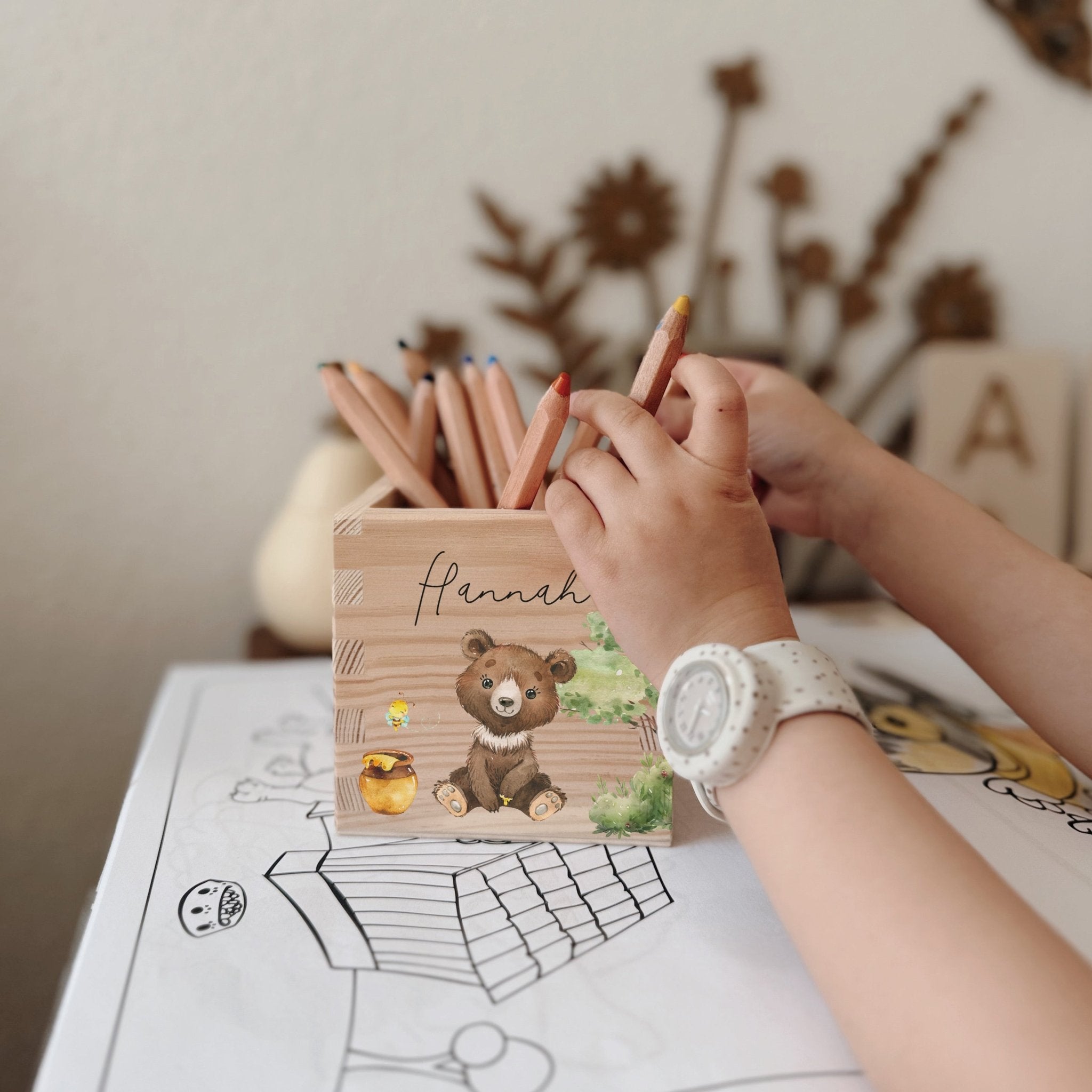Stiftehalter Holz personalisiert - Bedruckt Waldtiere - lyllevenn