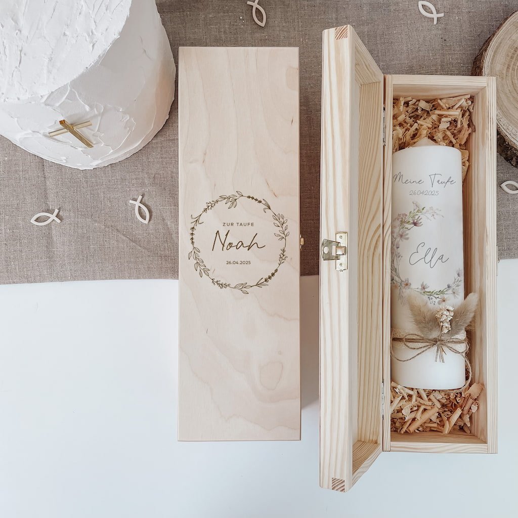 Taufkerzenbox aus Holz graviert mit Wunschkranz – für viele Anlässe - lyllevenn