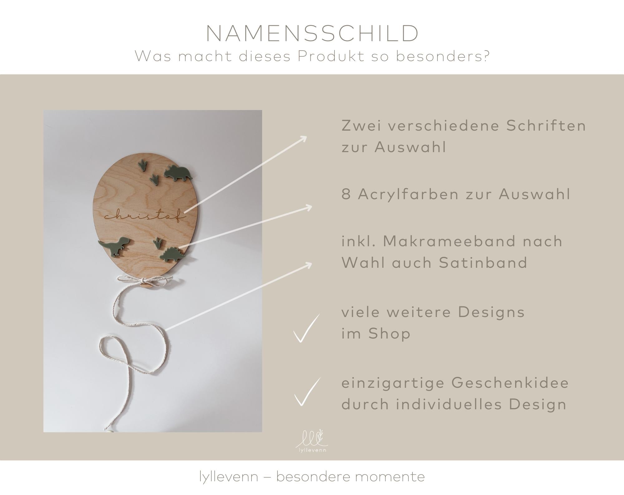 Türschild personalisiert Holz - 3D Dino - lyllevenn