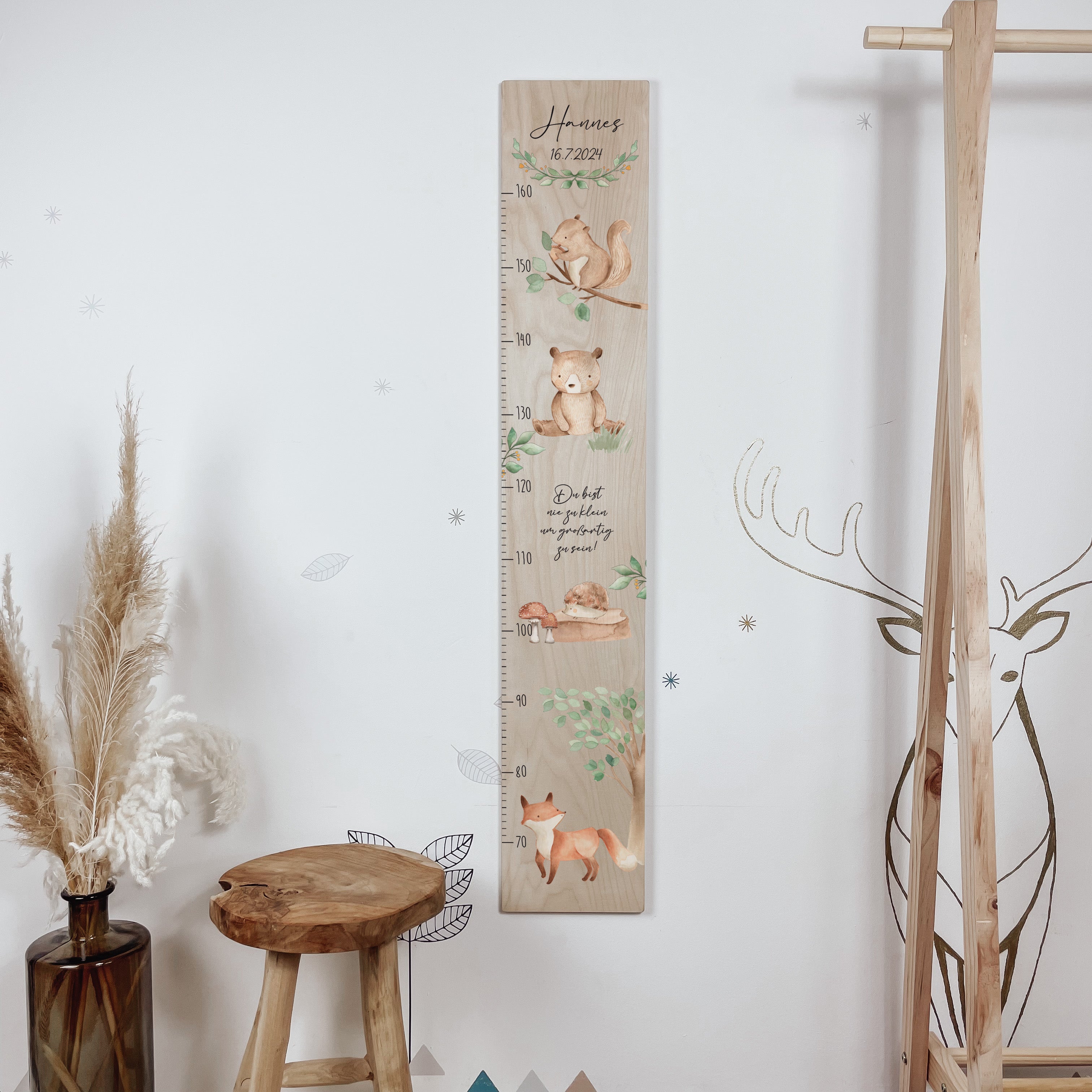 Kindermesslatte Holz personalisiert - Waldtiere