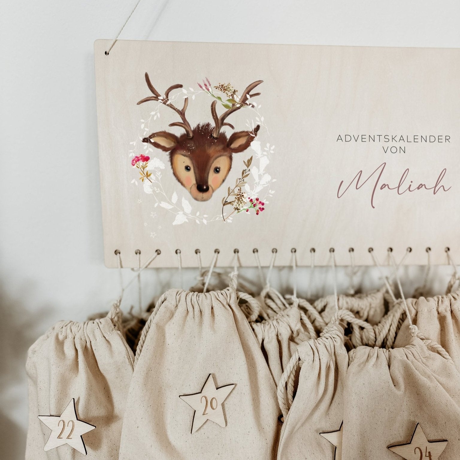 Beleuchteter Adventskalender Personalisiert "Rehkitz" Aquarell, Adventskalender zum Befüllen, Weihnachtsgeschenke Kinder Geschenke für Kind - lyllevenn-store