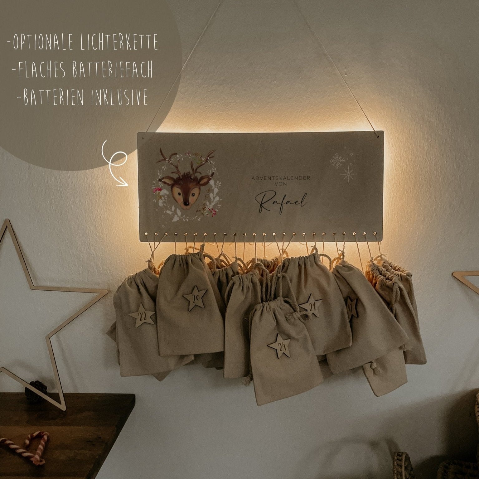 Beleuchteter Adventskalender Personalisiert "Rehkitz" Aquarell, Adventskalender zum Befüllen, Weihnachtsgeschenke Kinder Geschenke für Kind - lyllevenn-store