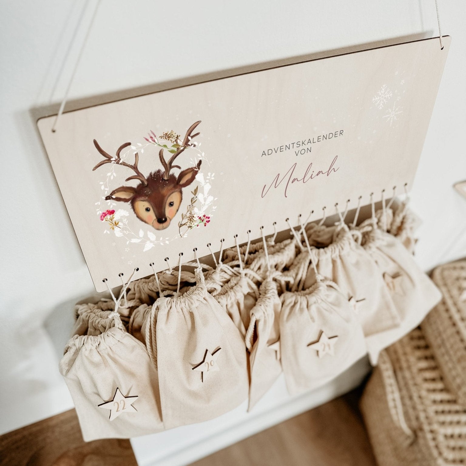 Beleuchteter Adventskalender Personalisiert "Rehkitz" Aquarell, Adventskalender zum Befüllen, Weihnachtsgeschenke Kinder Geschenke für Kind - lyllevenn-store