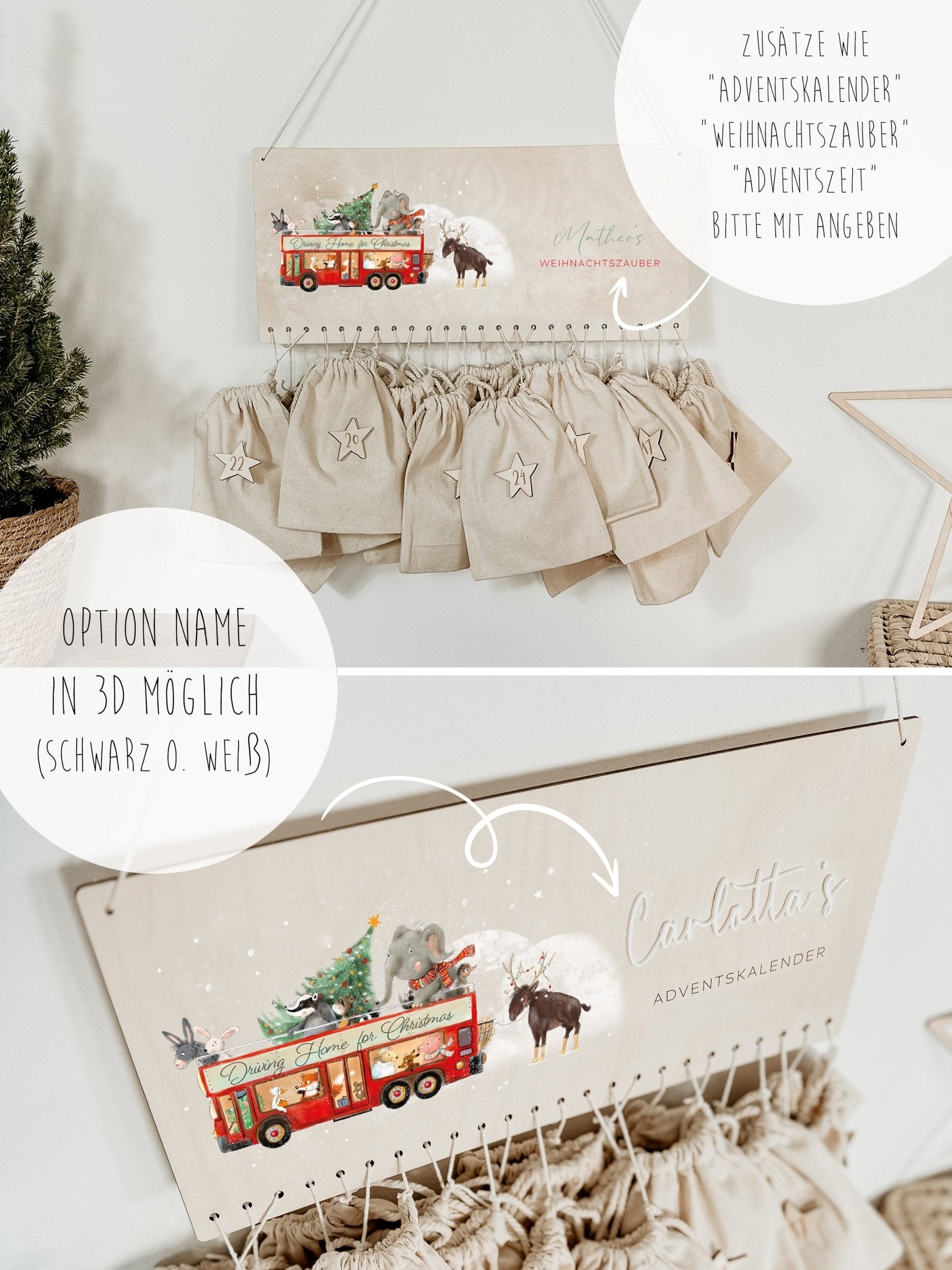 Beleuchteter Adventskalender Personalisiert "Weihnachtbus" Aquarell, Adventskalender zum Befüllen, Weihnachtsgeschenke Kinder Geschenke für Kind - lyllevenn-store