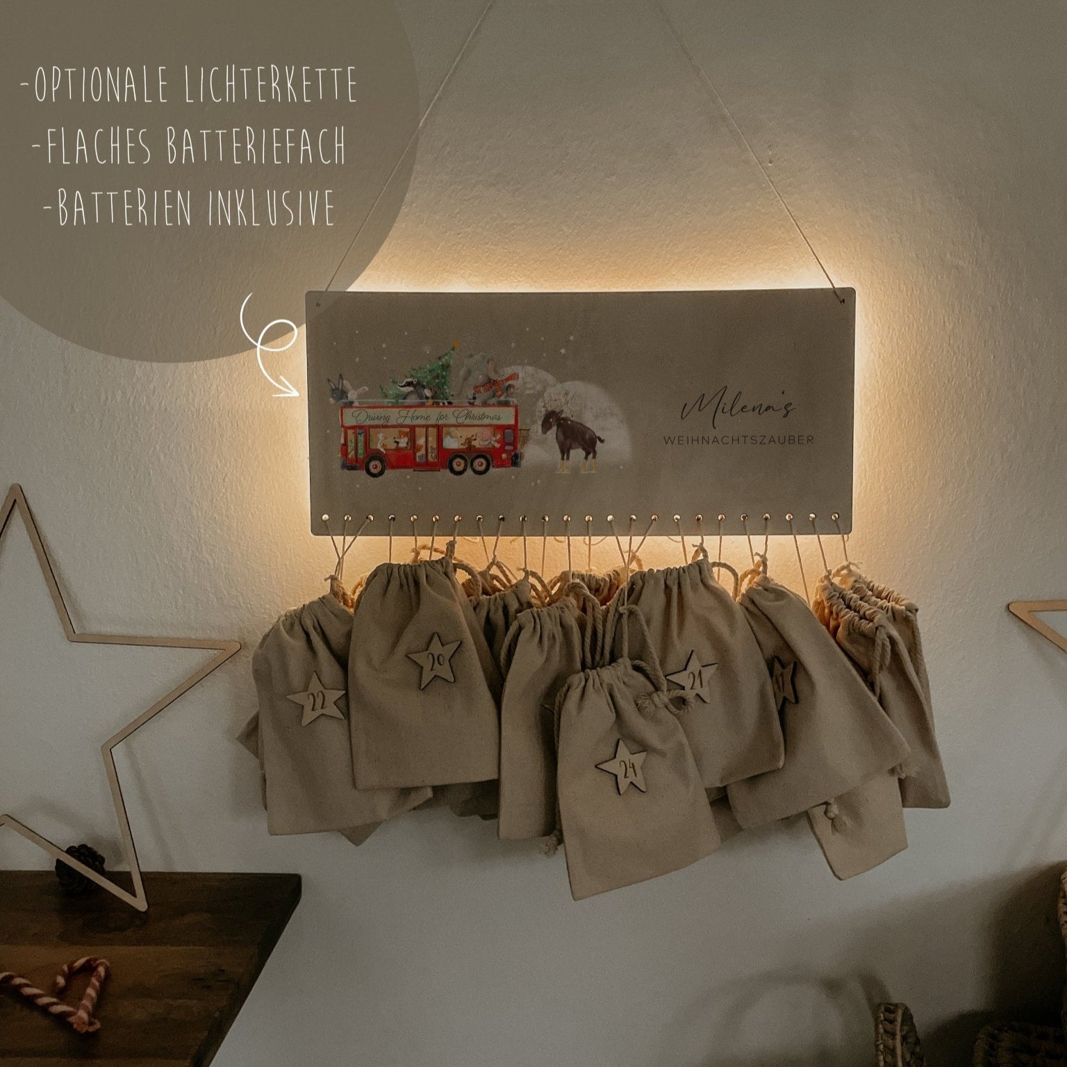 Beleuchteter Adventskalender Personalisiert "Weihnachtbus" Aquarell, Adventskalender zum Befüllen, Weihnachtsgeschenke Kinder Geschenke für Kind - lyllevenn-store