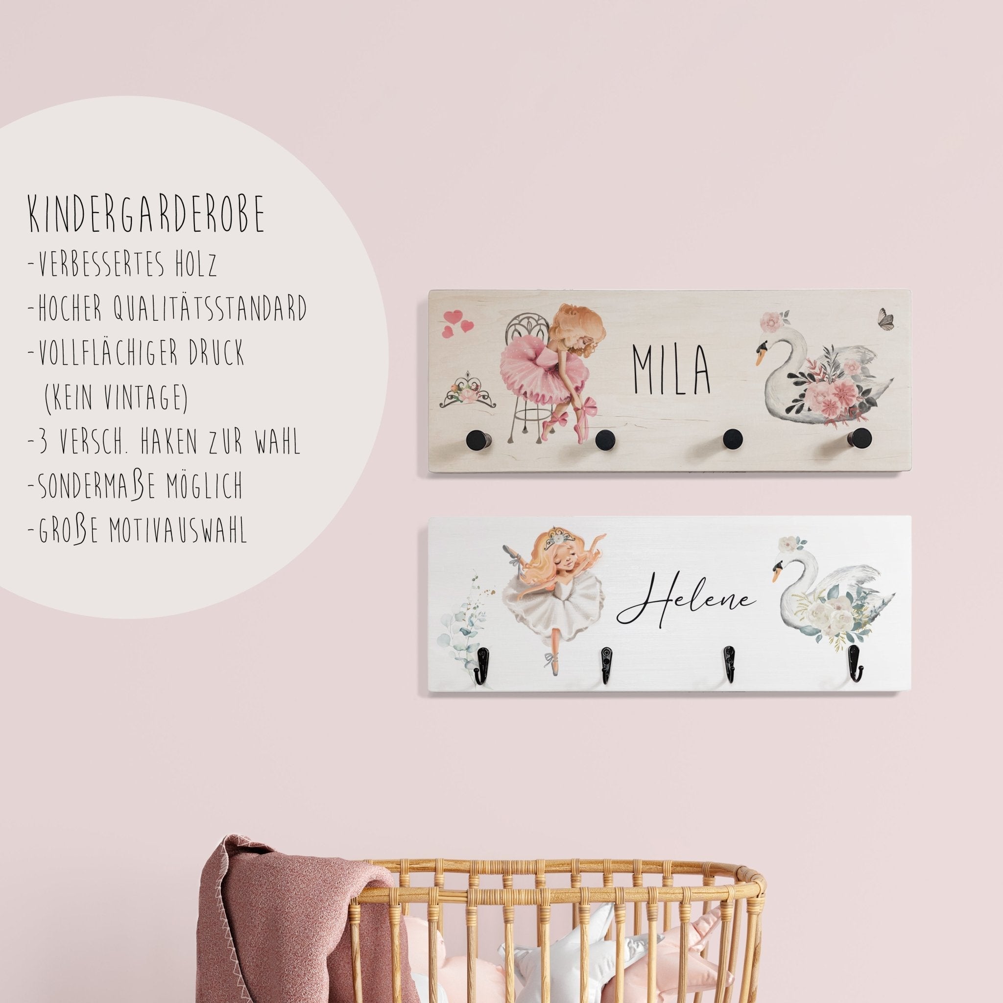 Kindergarderobe Holz personalisiert - Ballerina & Schwan - lyllevenn