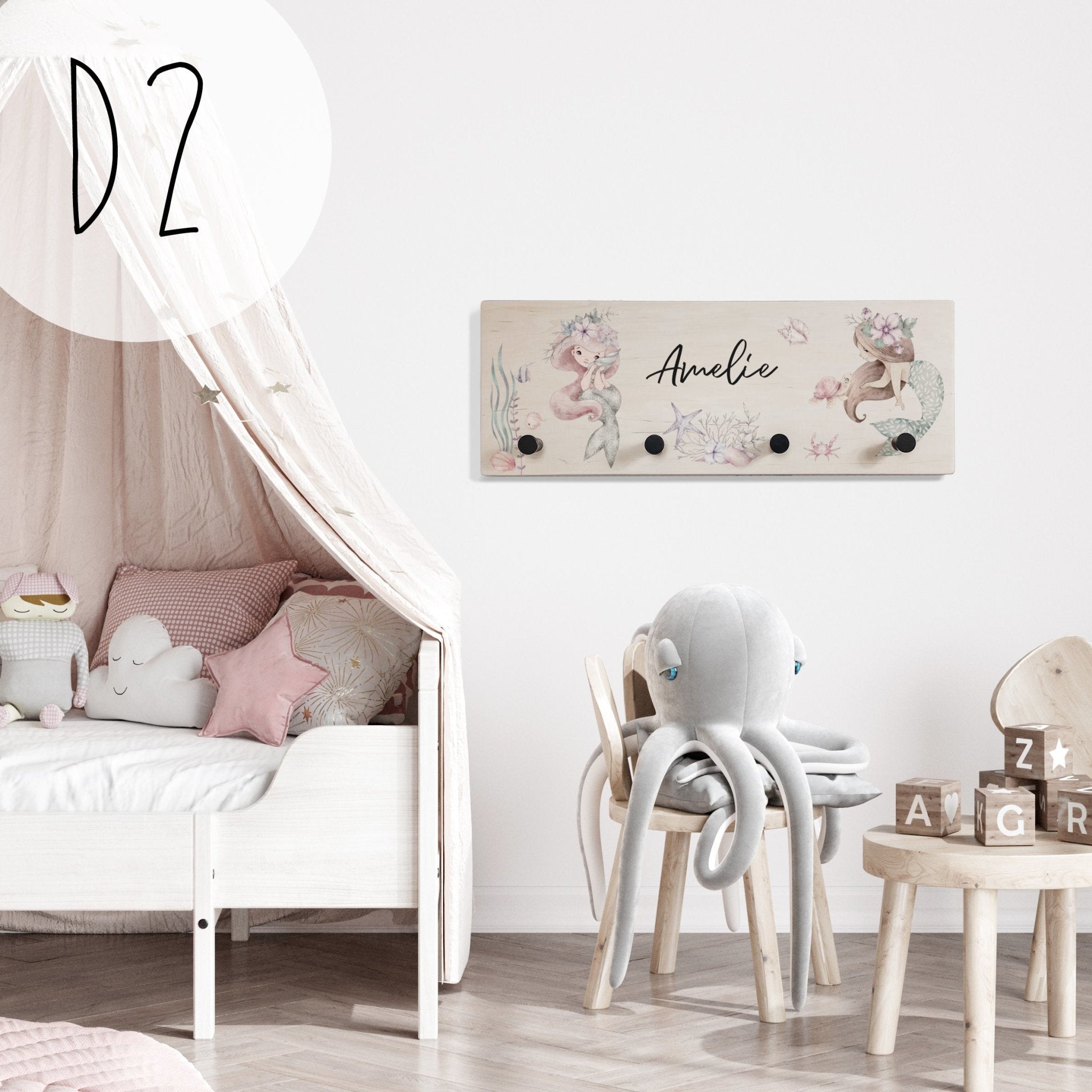 Kindergarderobe Holz personalisiert - Meerjungfrau - lyllevenn
