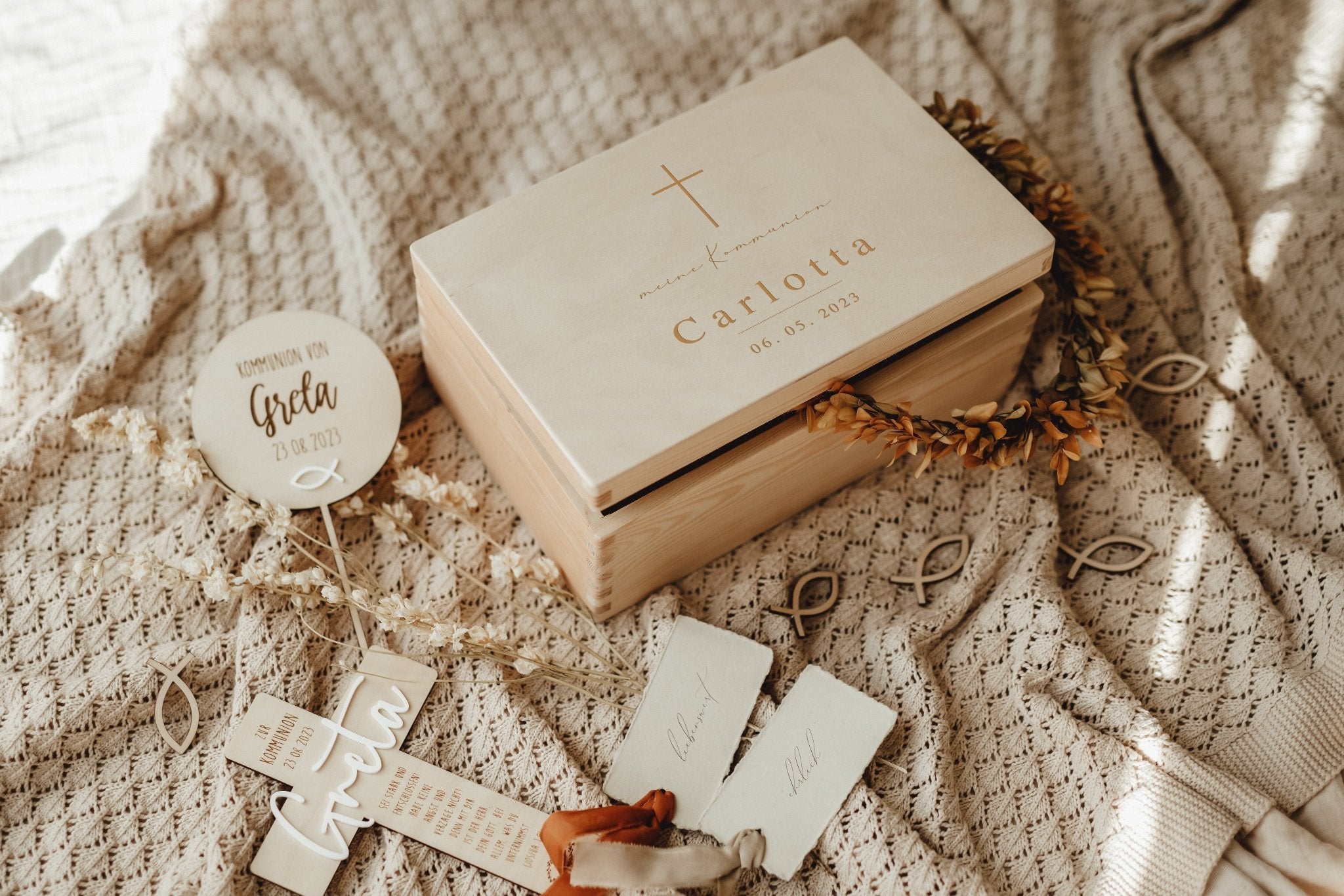 Kommunion | Konfirmation | Erinnerungskisten | 3D oder Gravur | Erinnerungsbox | Ichthys Fisch | Kreuz | Taube | Taufe - lyllevenn-store