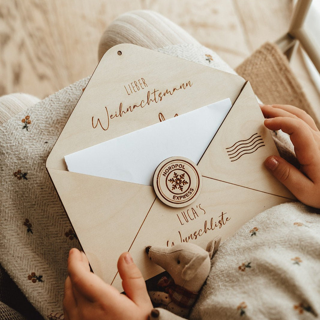 Personalisierbarer Weihnachtsbrief Holz | Wunschliste | Wunschzettel Brief ans Christkind | Brief an den Weihnachtsmann | Briefumschlag aus Holz - lyllevenn-store