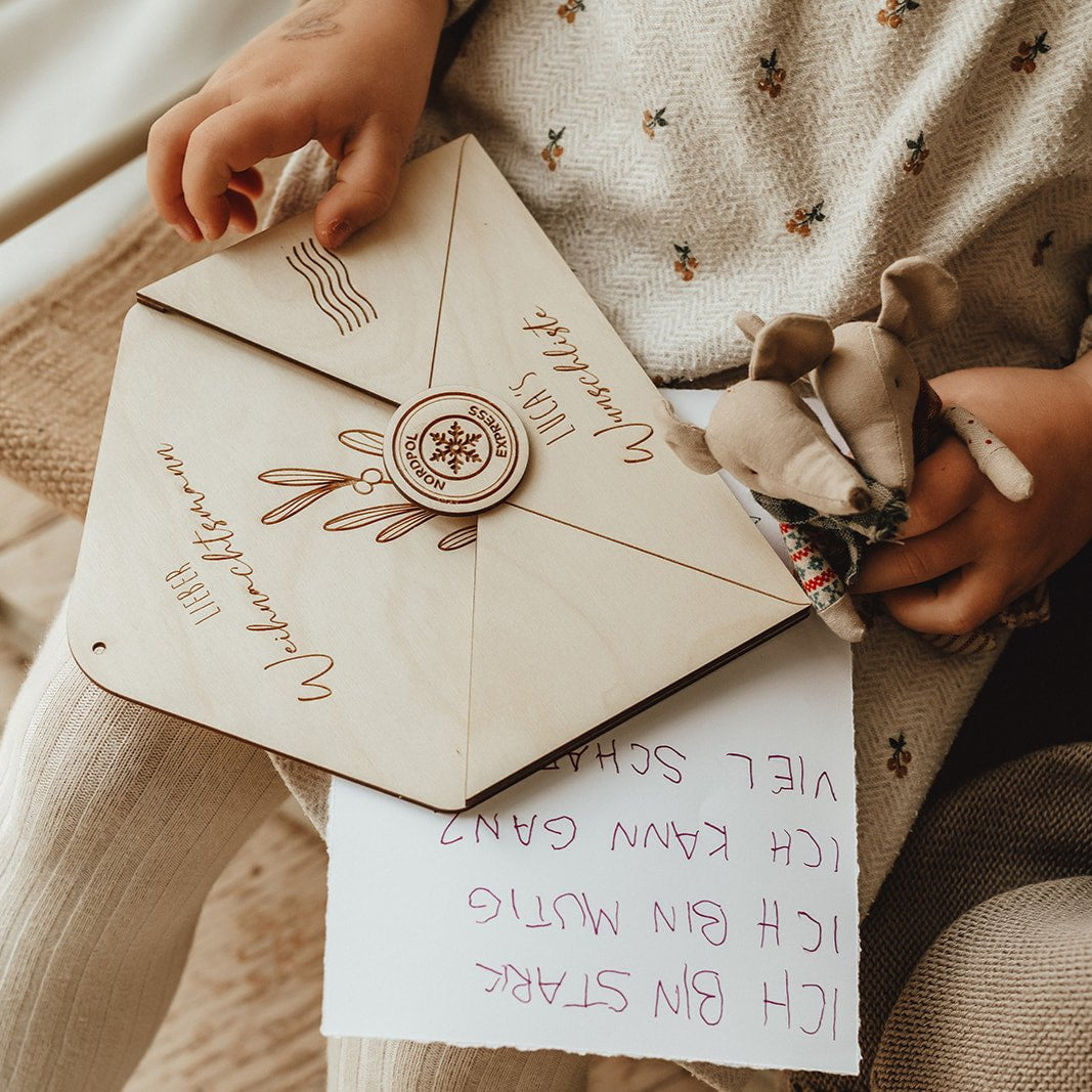 Personalisierbarer Weihnachtsbrief Holz | Wunschliste | Wunschzettel Brief ans Christkind | Brief an den Weihnachtsmann | Briefumschlag aus Holz - lyllevenn-store
