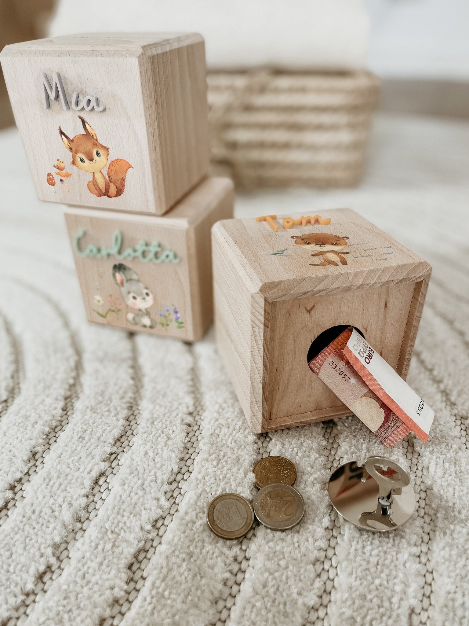 Personalisierte Spardose Holz, WALDTIERE, Sparschwein personalisiert, Spardose Kind, Baby Geschenk Geburt, Holzspardose, Geldgeschenk Taufe - lyllevenn-store