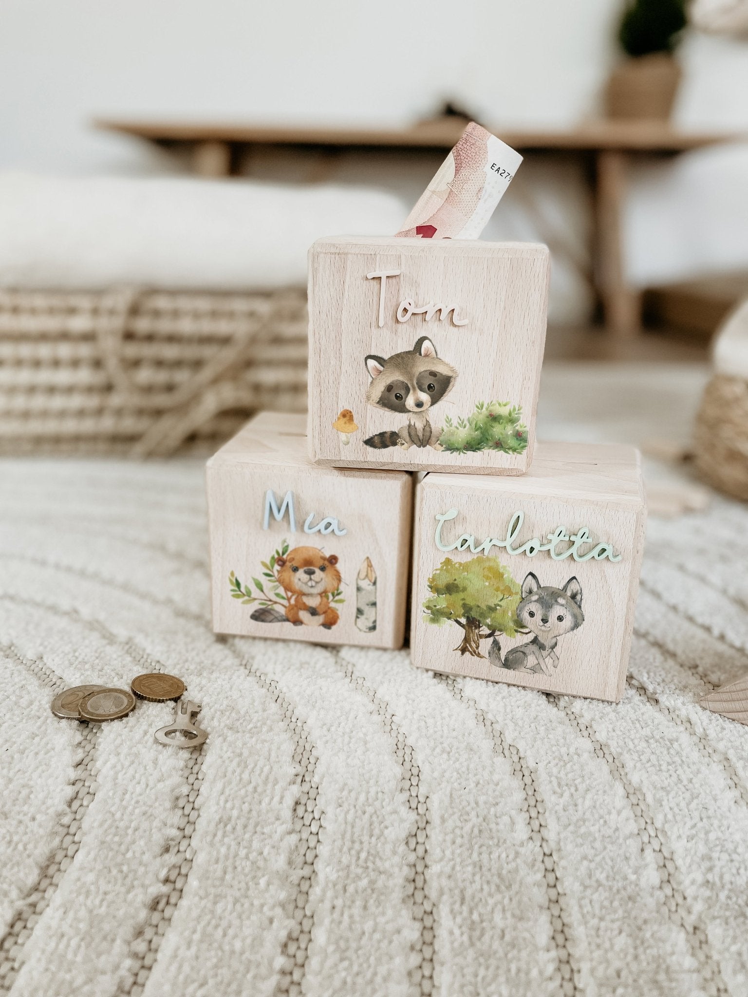 Personalisierte Spardose Holz, WALDTIERE, Sparschwein personalisiert, Spardose Kind, Baby Geschenk Geburt, Holzspardose, Geldgeschenk Taufe - lyllevenn-store