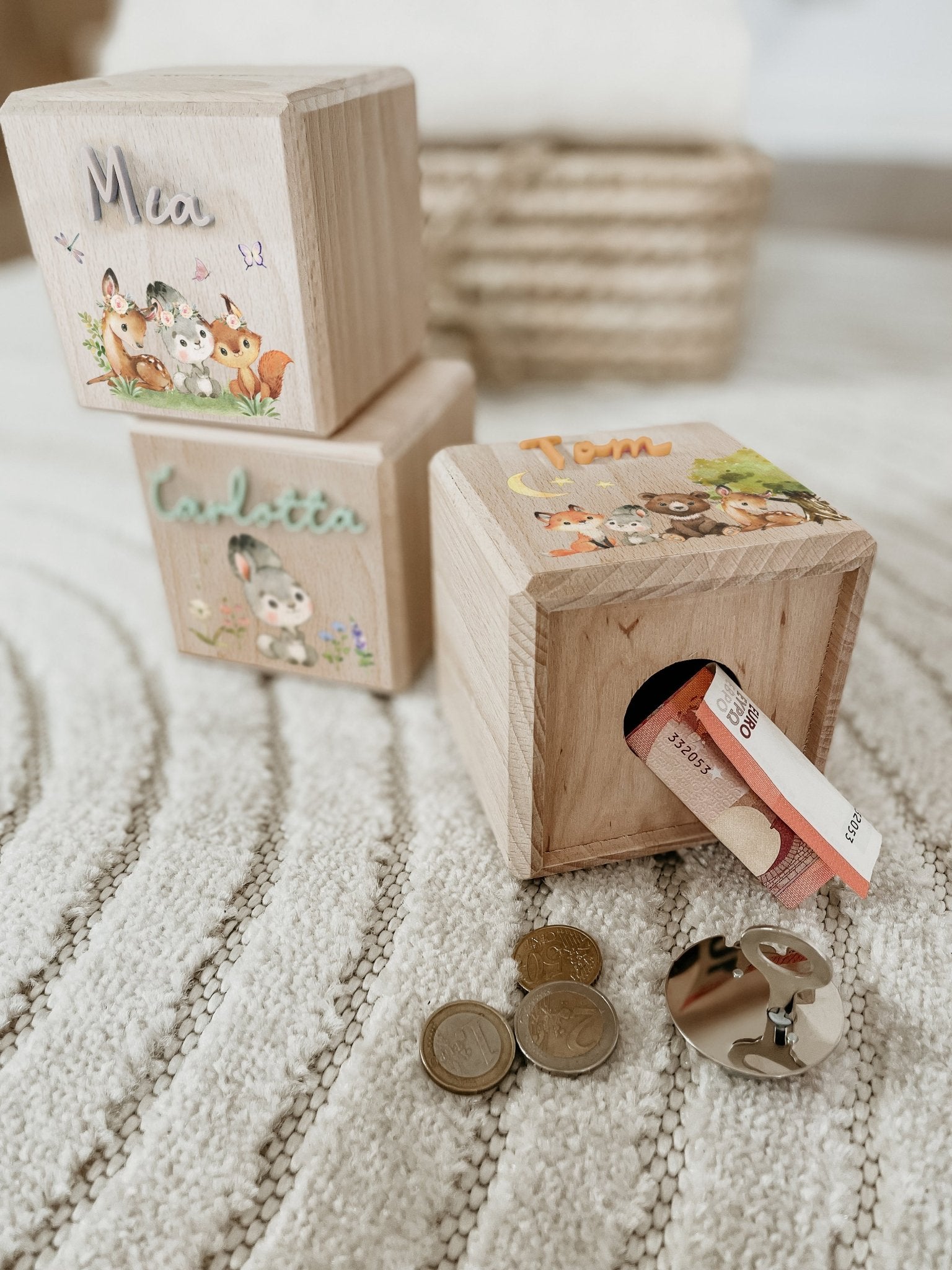 Spardose aus Holz personalisiert, WALDTIER-FAMILIE, Sparschwein personalisiert, Spardose Kind, Baby Geschenk Geburt, Holzspardose, Geldgeschenk zur Taufe - lyllevenn-store