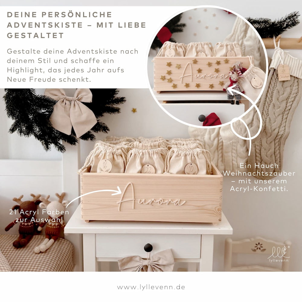 Adventskiste aus Holz mit 3D-Namen – personalisierbarer Adventskalender