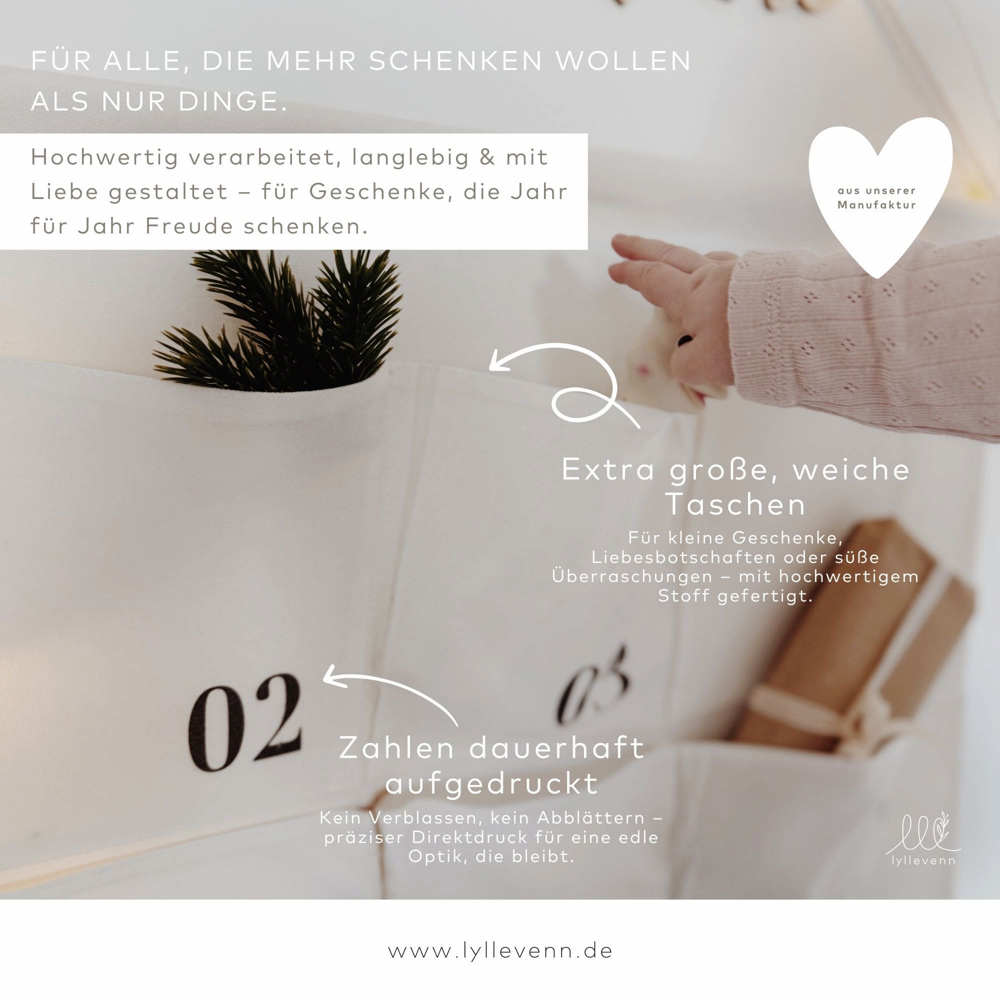 Adventskalender Taschen, bedruckt & Holzschriftzug – modern & stilvoll
