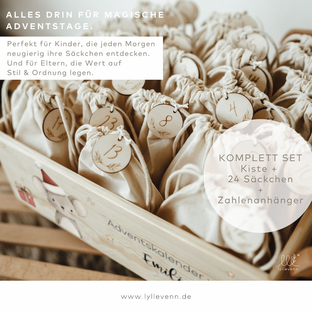 Personalisierter Adventskalender aus Holz – mit liebevollen Waldtier-Motiven