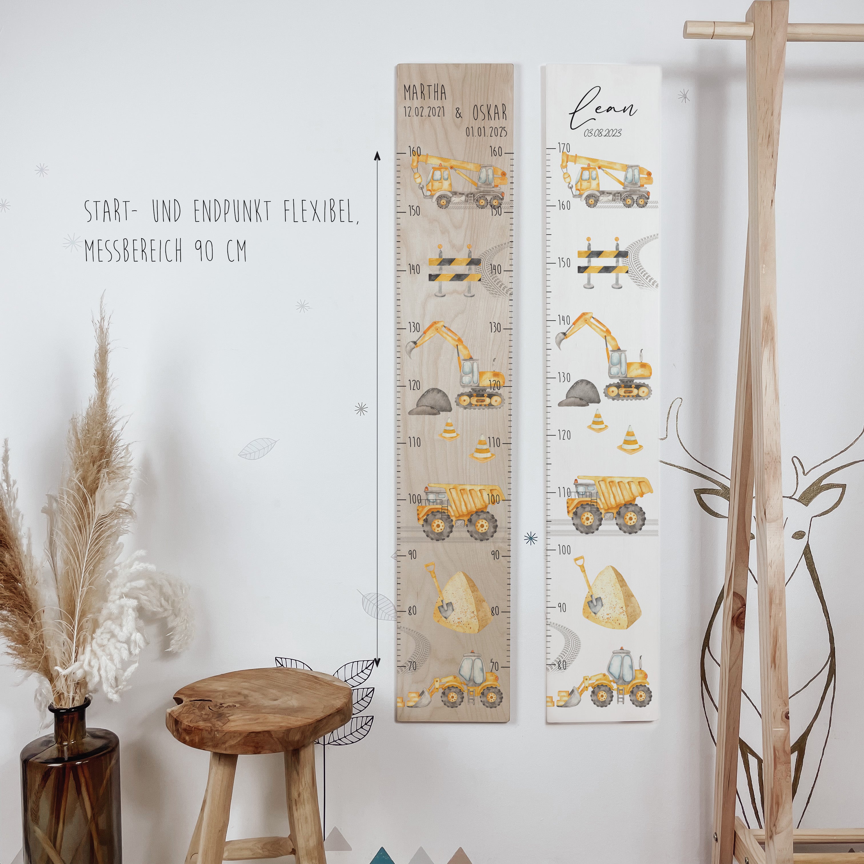 Kindermesslatte Holz "Bagger & Baustelle" – personalisierbar
