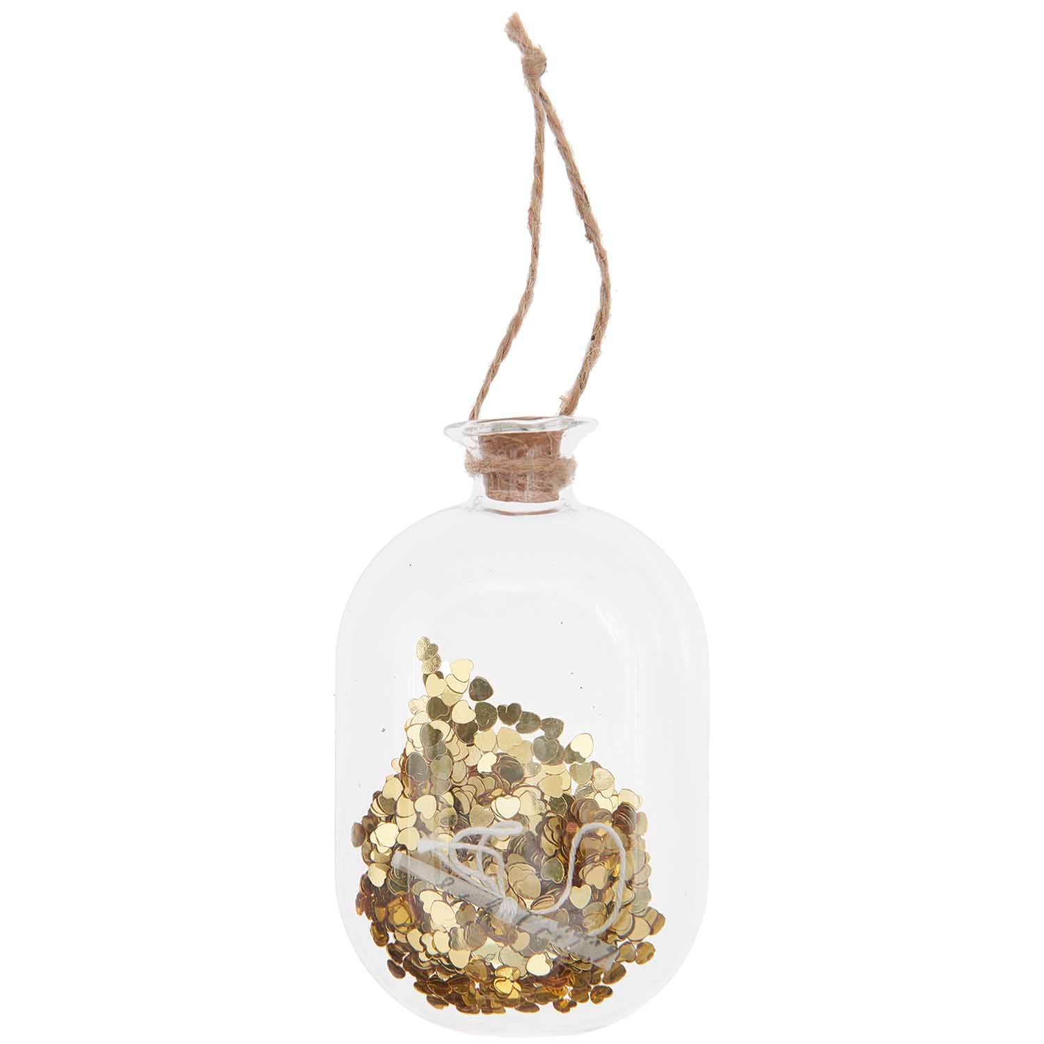 Glasflasche mit Herzchenstreu gold zum Hängen
