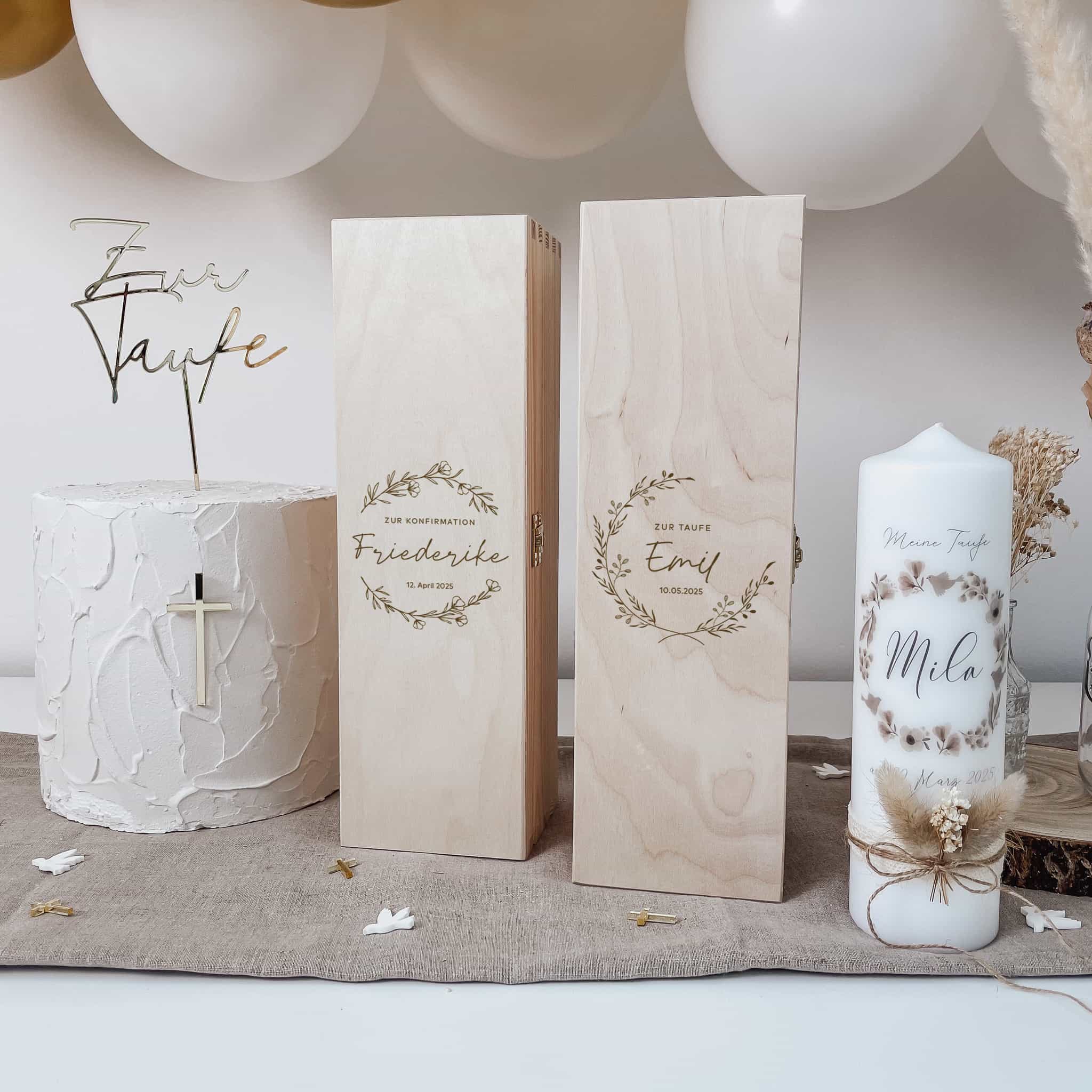 Taufkerzenbox aus Holz graviert mit Wunschkranz – für viele Anlässe