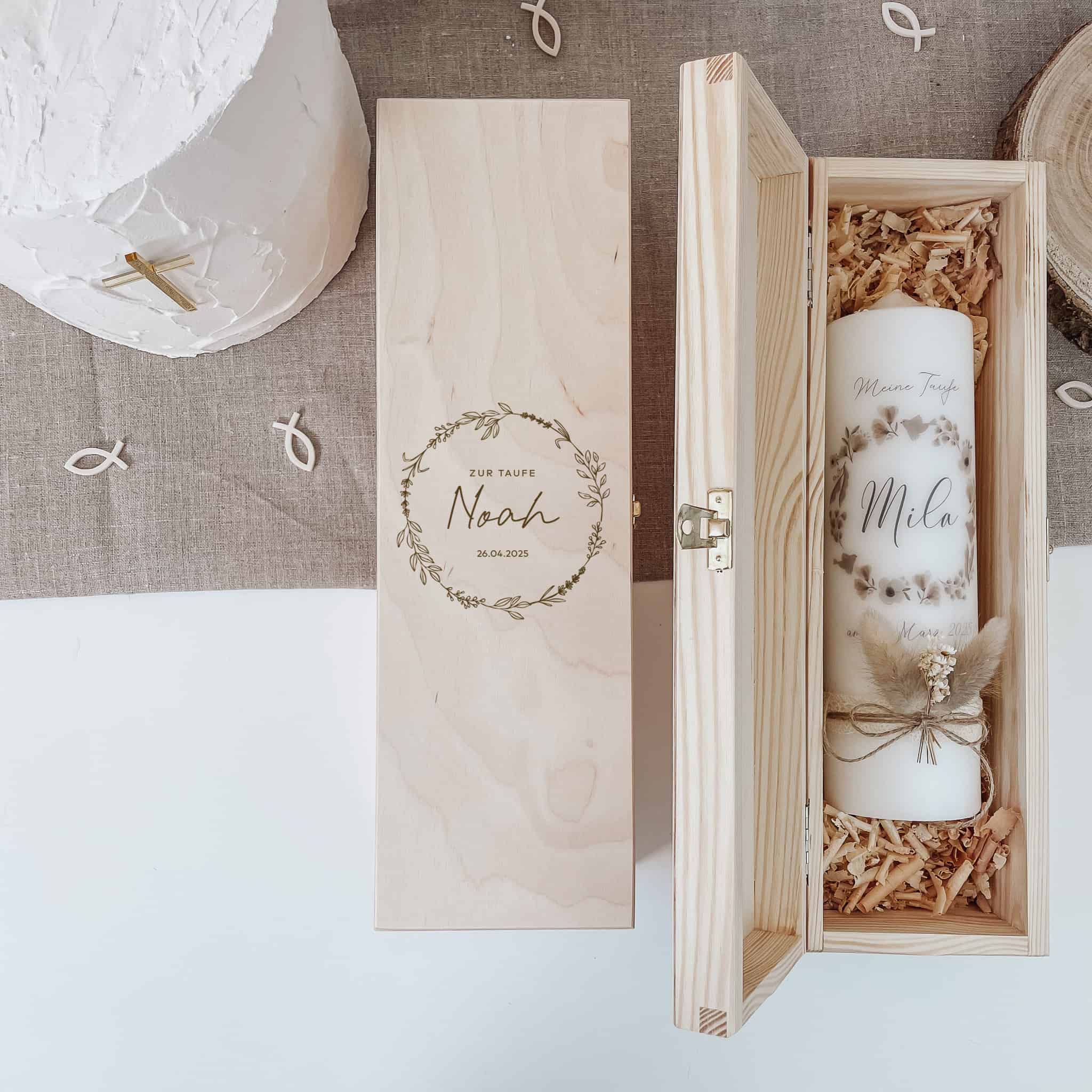 Taufkerzenbox aus Holz graviert mit Wunschkranz – für viele Anlässe