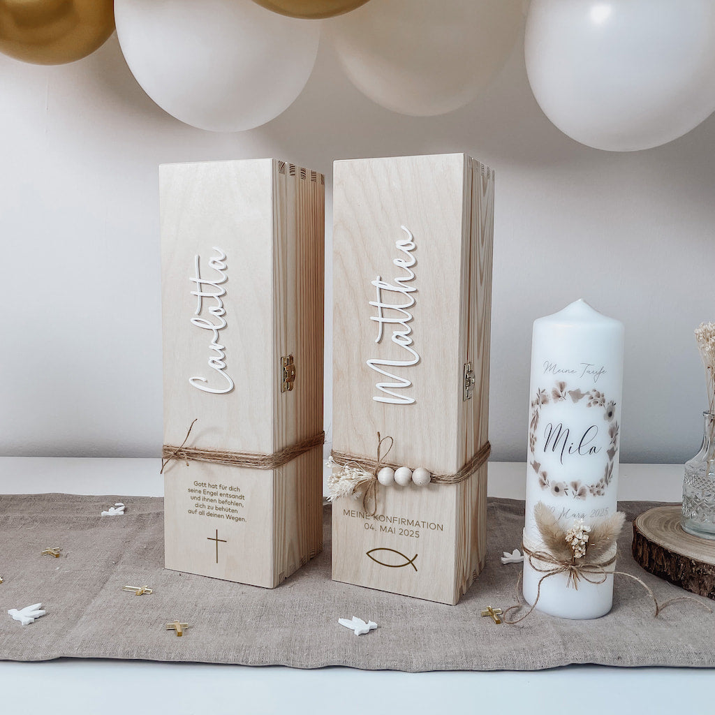 Taufkerzenbox mit Symbol – Personalisierte Holzkiste mit 3D-Namen & Trockenblume