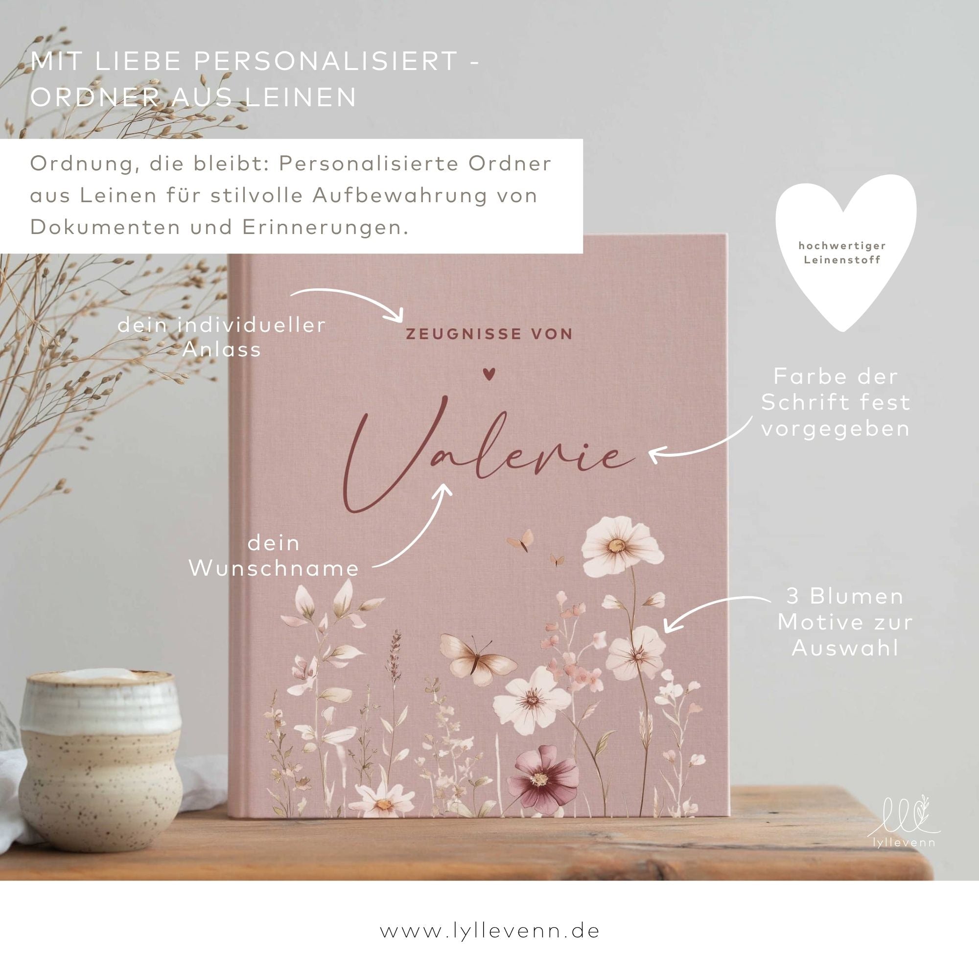 Ordner aus Leinen personalisierbar - mit Blumen