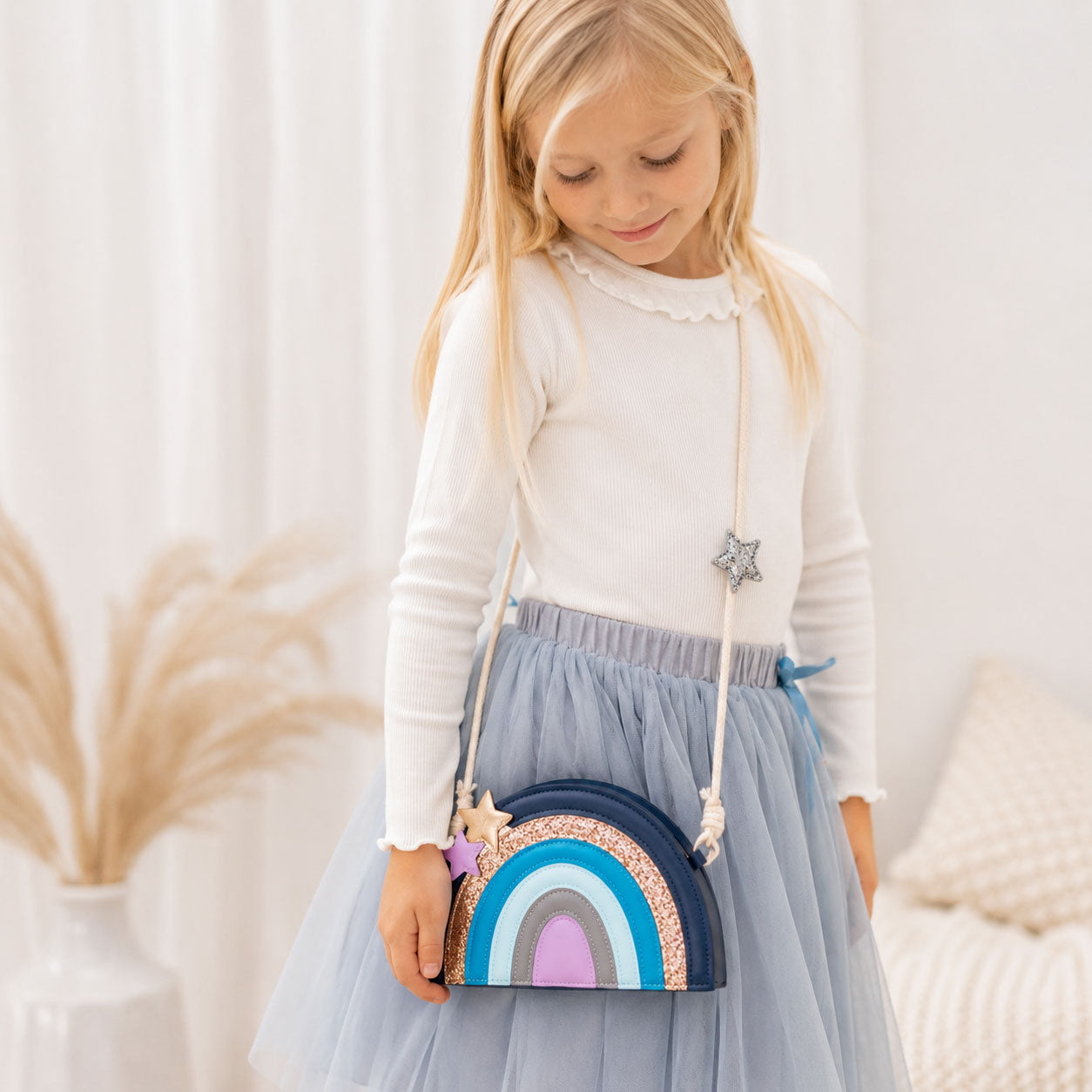 Kinder Umhängetasche Regenbogen - Blau Glitzer