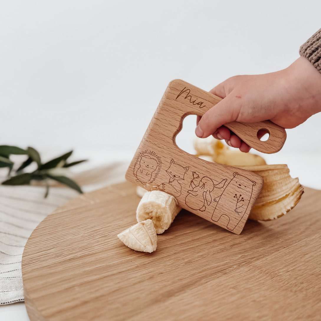 Montessori sicheres Kindermesser Holz „Tier-Familie“ – personalisiert