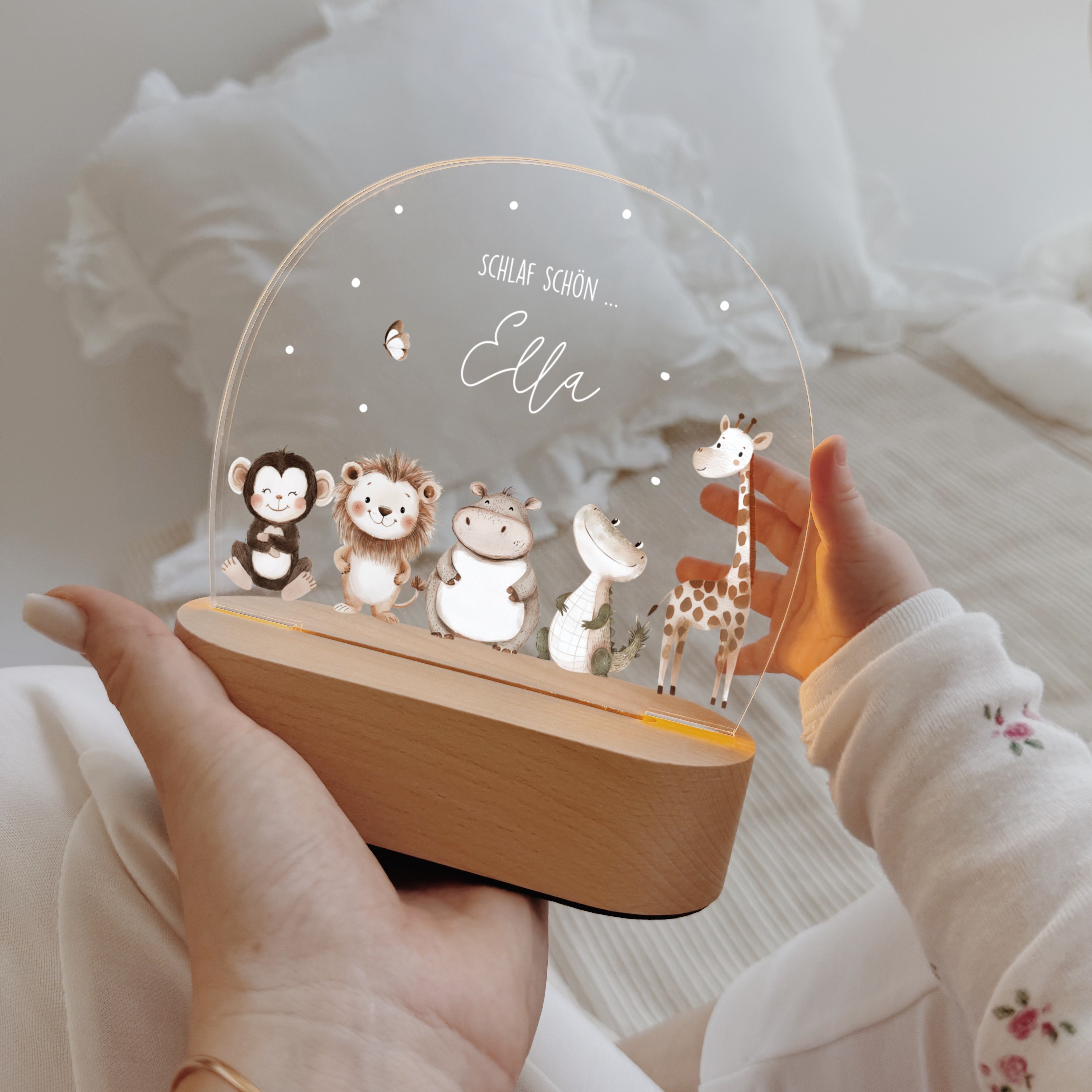 Nachtlicht Kinder personalisiert LED – Tierfamilien Aquarell