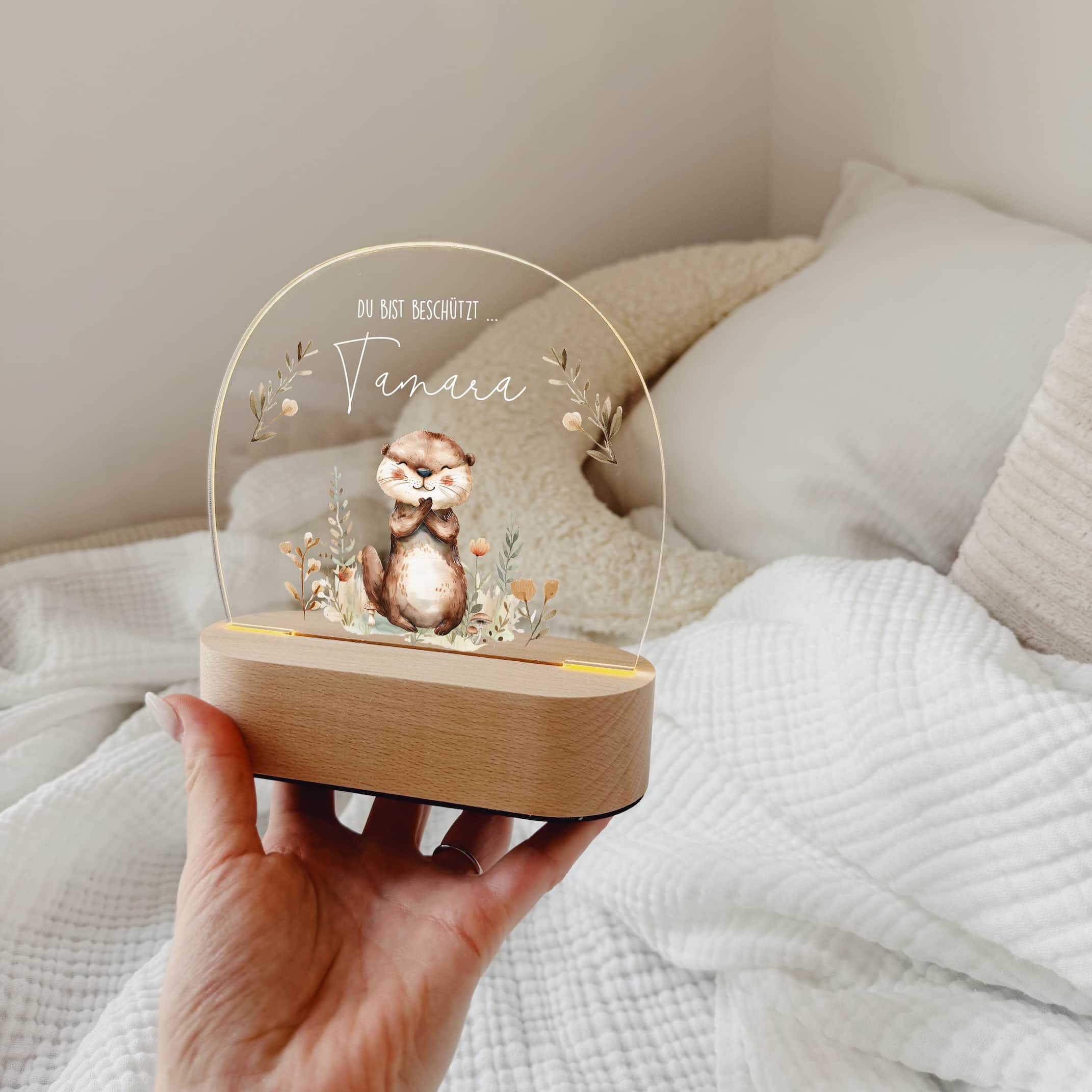 Nachtlicht Kinder personalisiert – LED Lampe bedruckt Hello Woodland