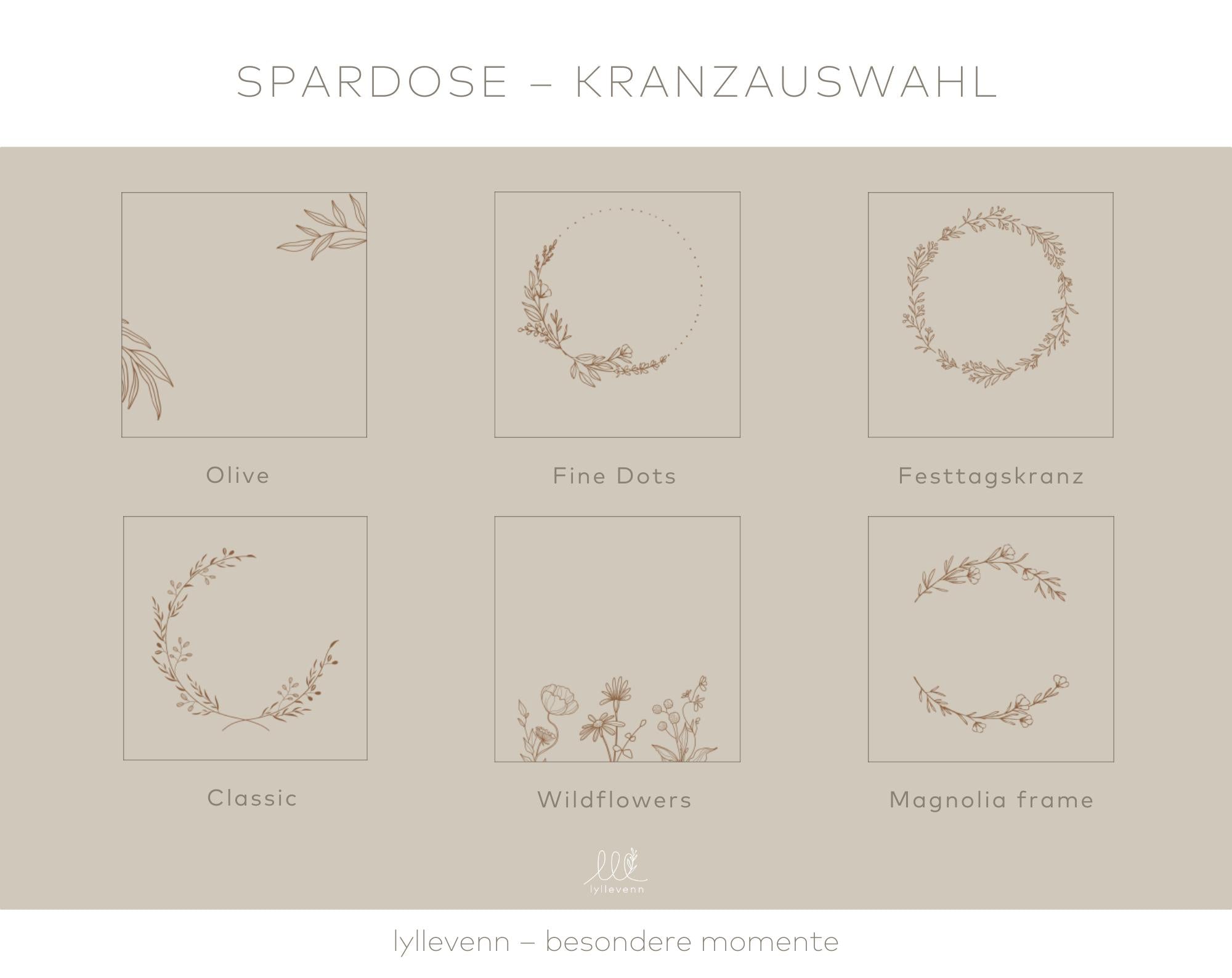 Personalisierte Spardose – 3D Buchstaben mit Kränzen
