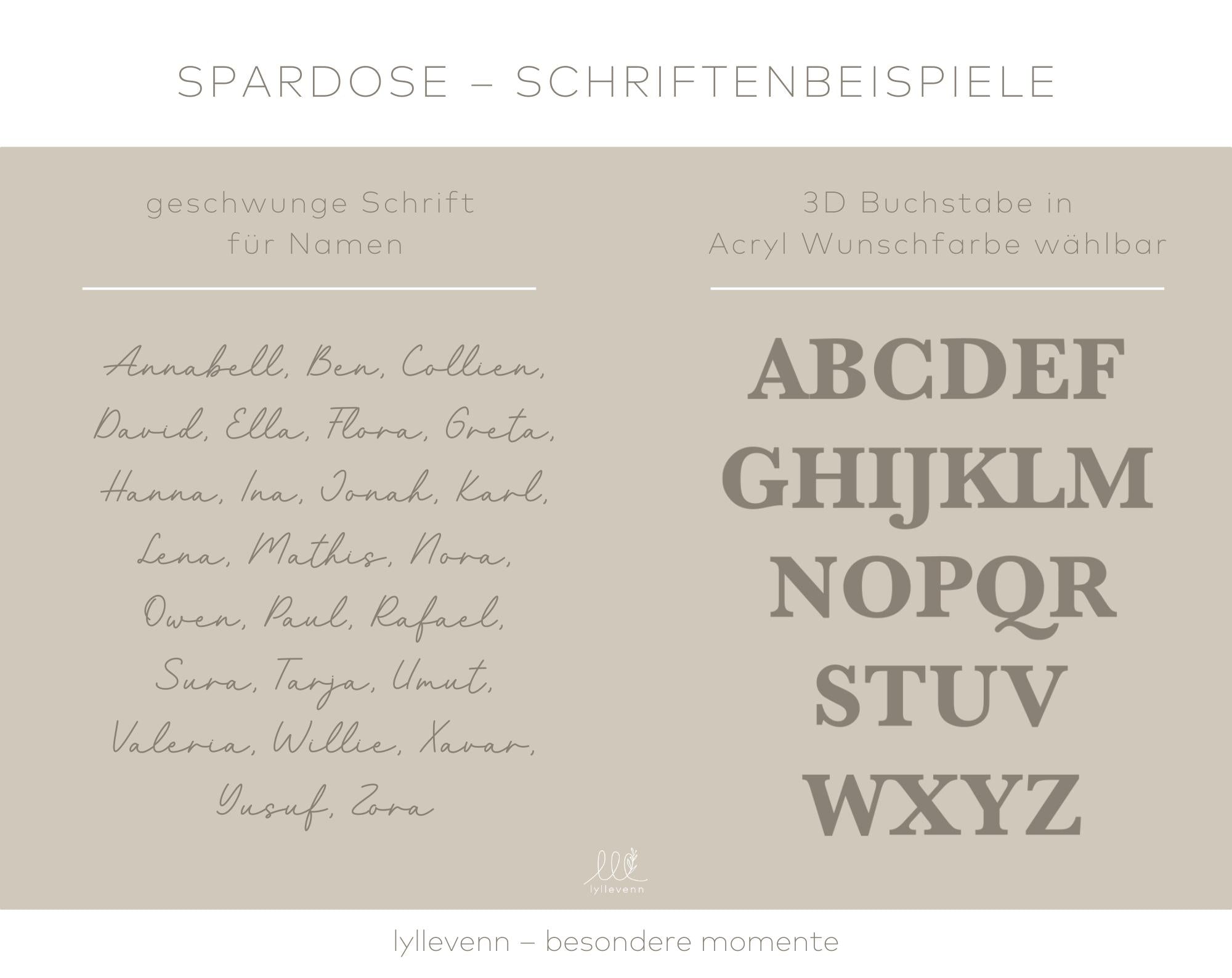 Personalisierte Spardose – 3D Buchstaben mit Kränzen