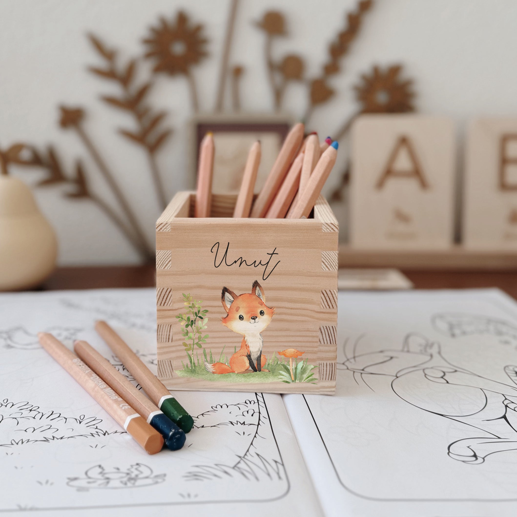 Stiftehalter Holz personalisiert - Bedruckt Waldtiere