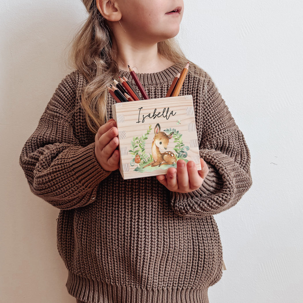 Stiftehalter Holz personalisiert - Bedruckt Waldtiere