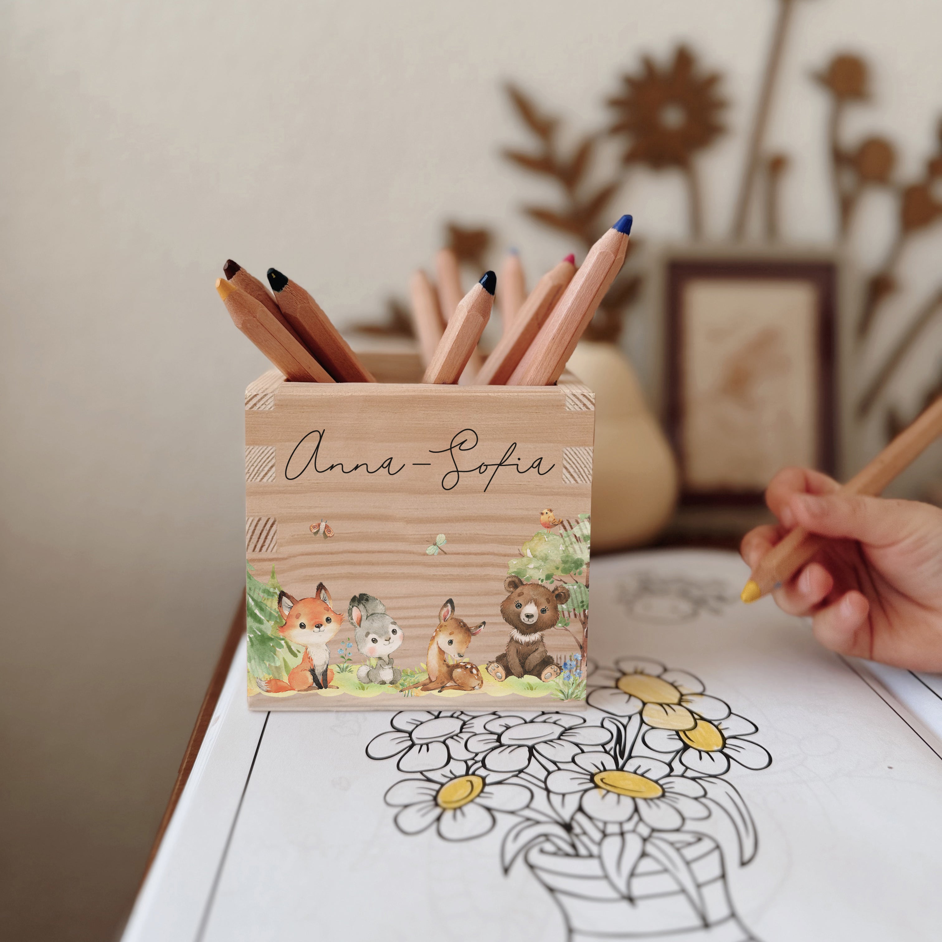 Stiftehalter Holz personalisiert - Bedruckt Waldtiere