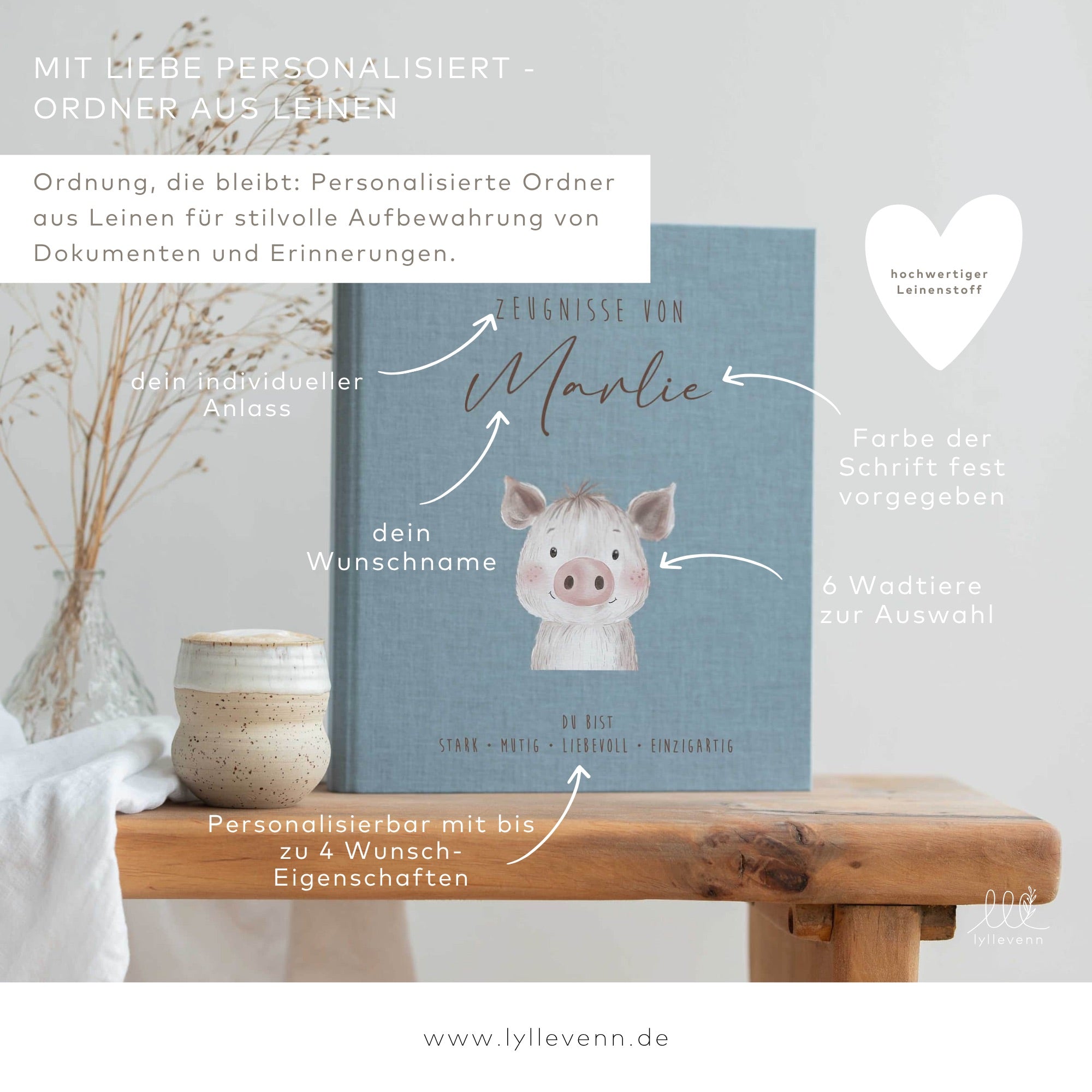 Ordner aus Leinen personalisierbar - Waldtiere