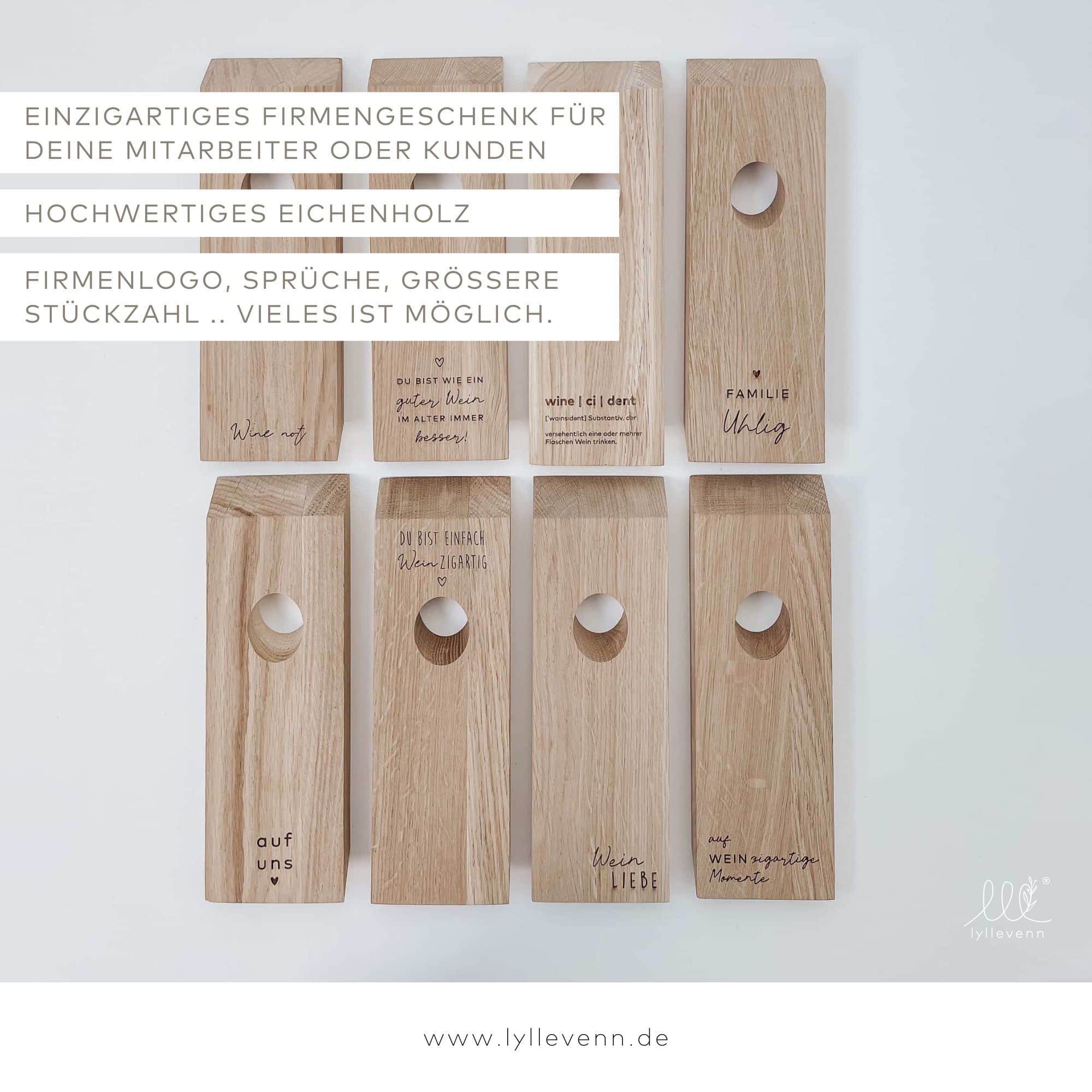 Personalisierter Weinflaschenhalter aus massiver Eiche – das stilvolle Firmengeschenk