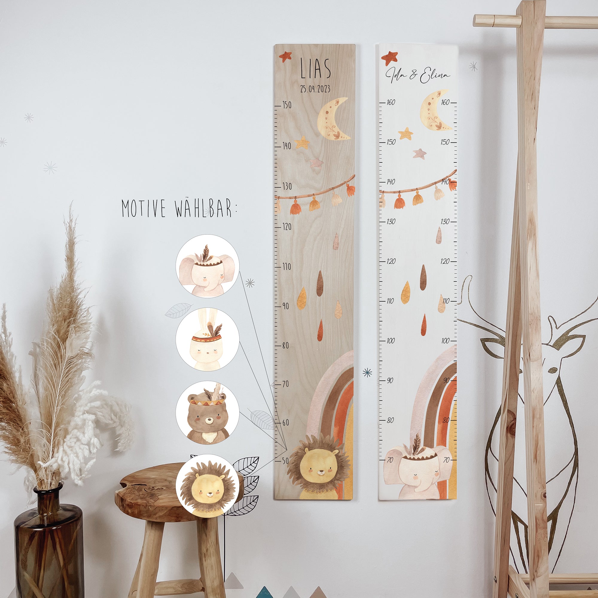 Kindermesslatte Holz "Boho Regenbogen" – wähle dein Lieblingstier