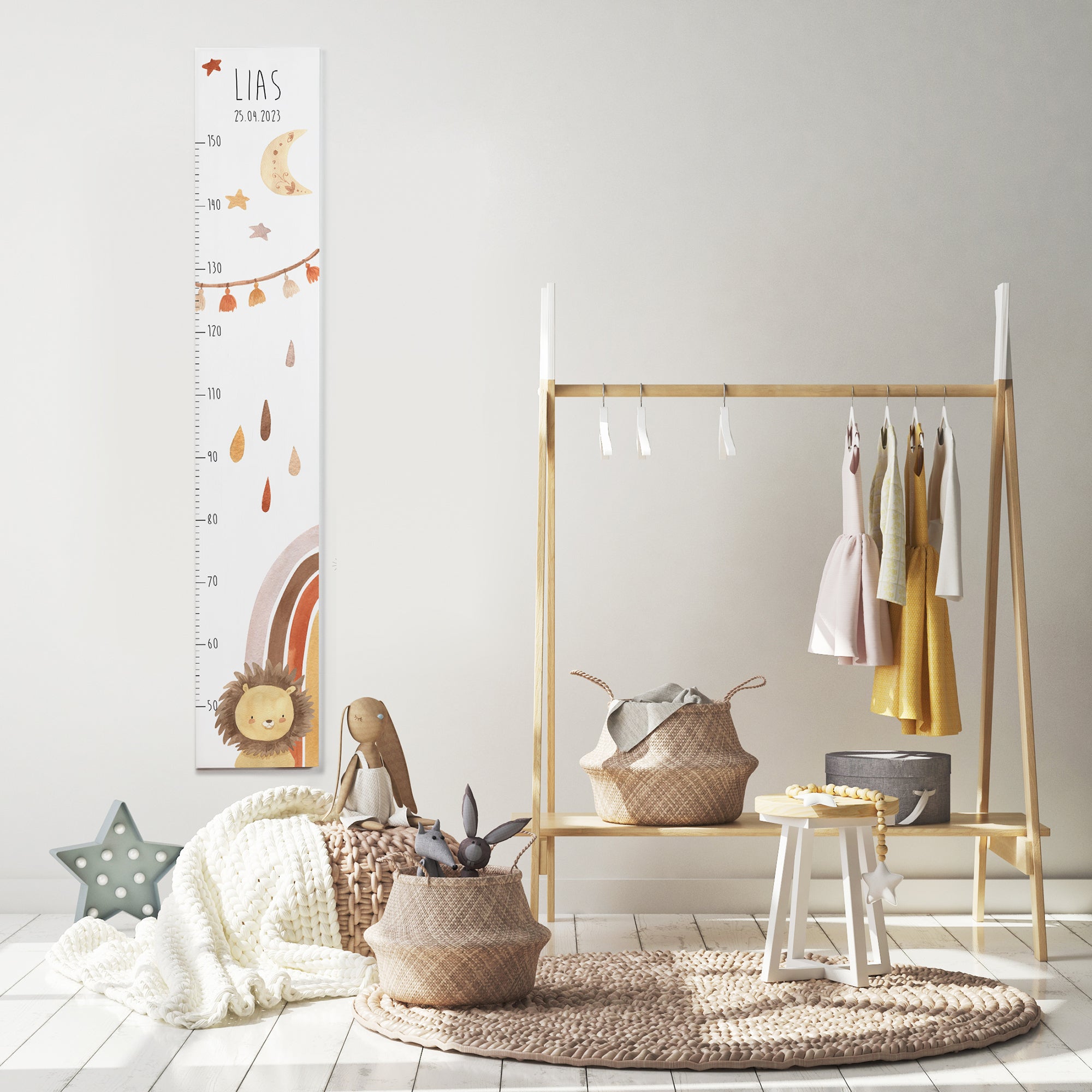 Kindermesslatte Holz "Boho Regenbogen" – wähle dein Lieblingstier