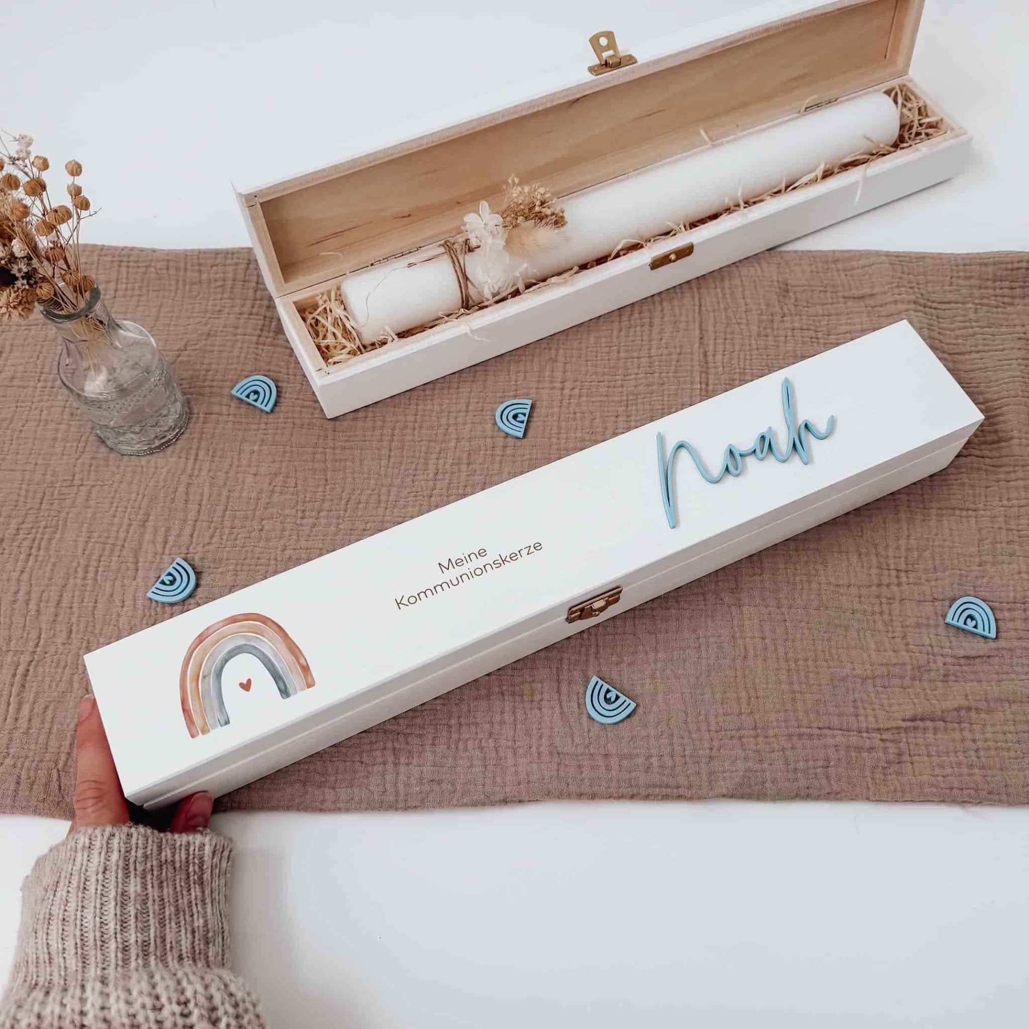 Kommunionskerzenbox groß - Regenbogen Druck & 3D Name - lyllevenn