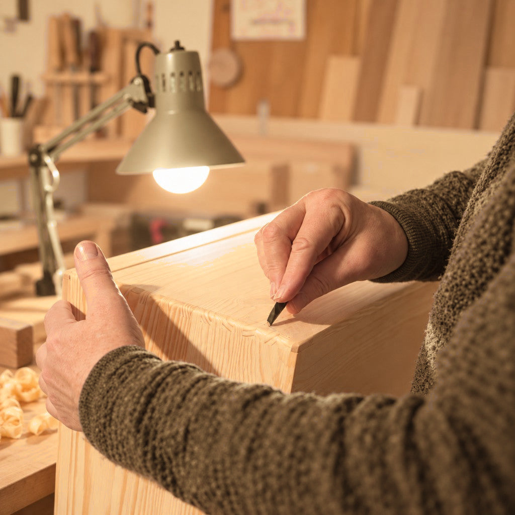 Hände arbeiten an der Kante einer Holzkiste in der Werkstatt